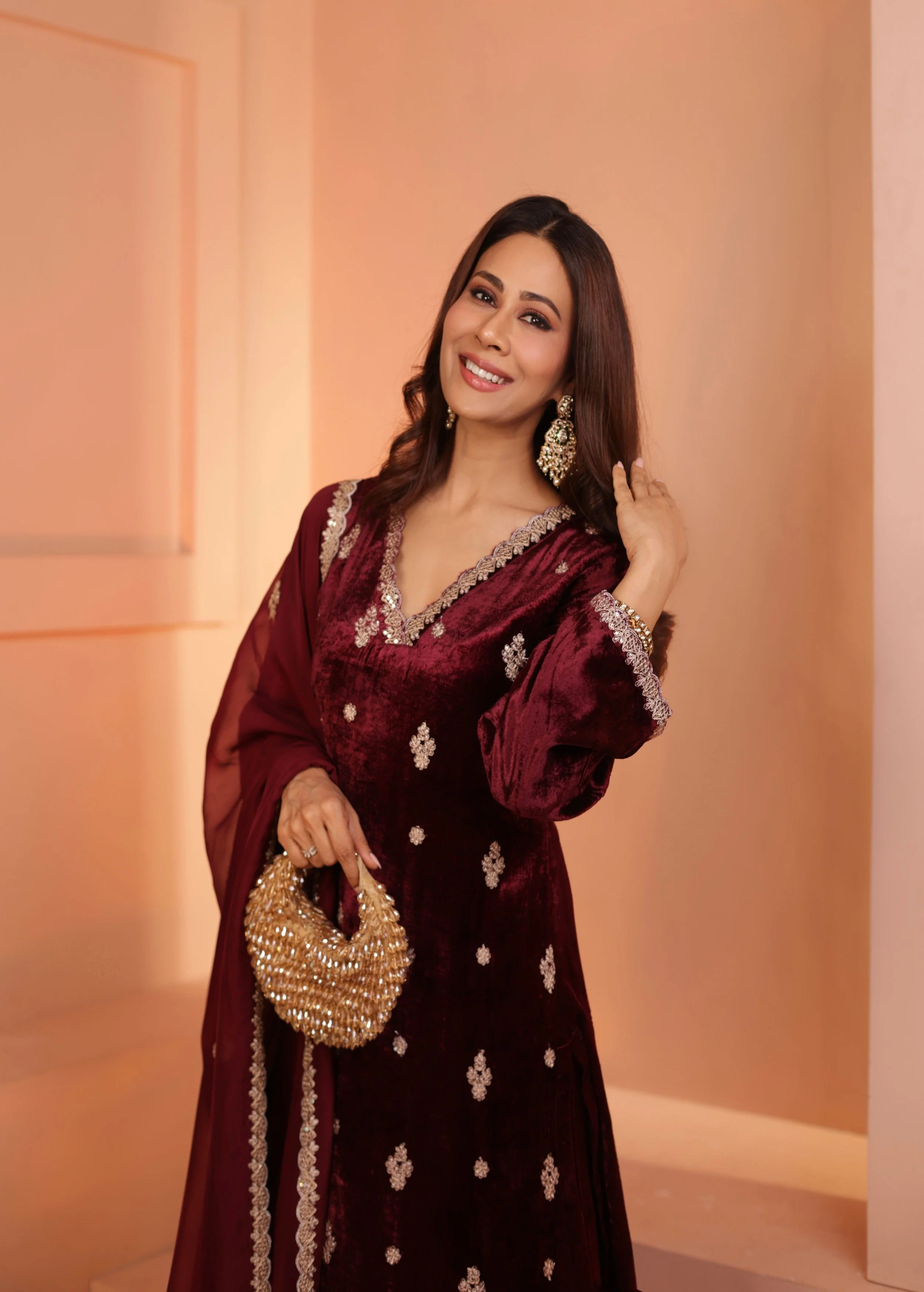 Deep Wine Embellished Premium Velvet Pant Set - Image 5