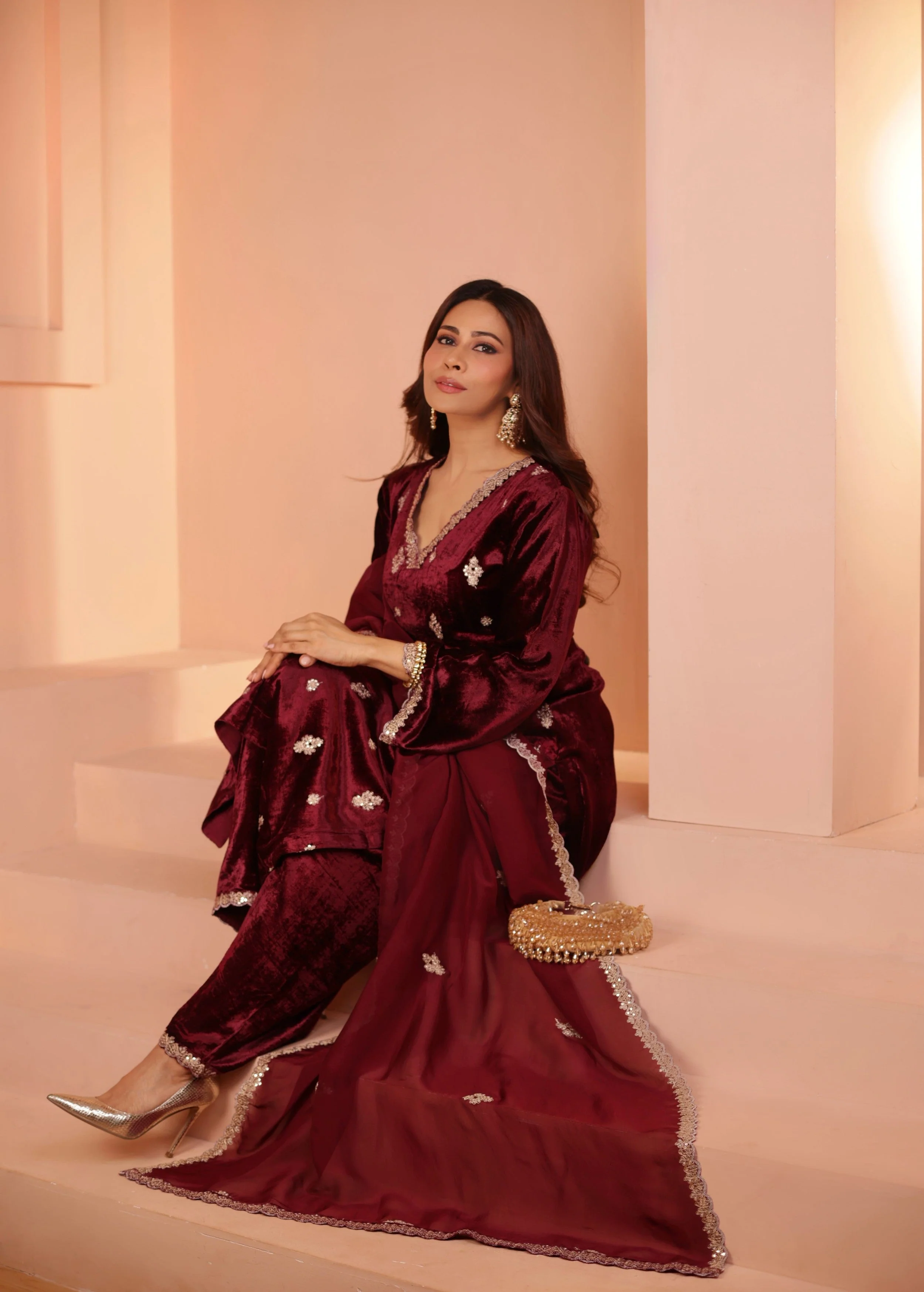 Deep Wine Embellished Premium Velvet Pant Set - Image 6