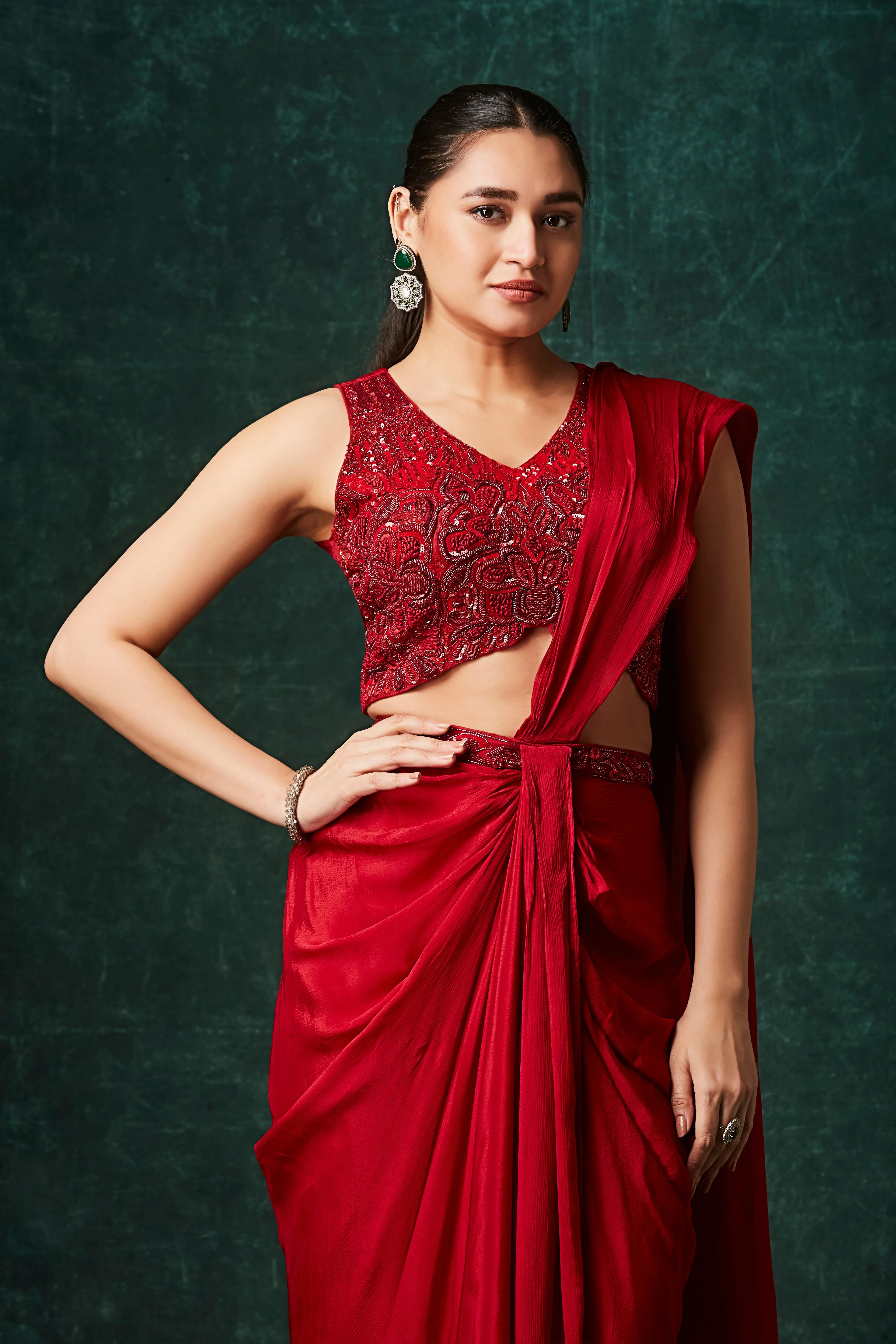 Hot Red Embellished Chinon Silk Drape Saree - Image 2