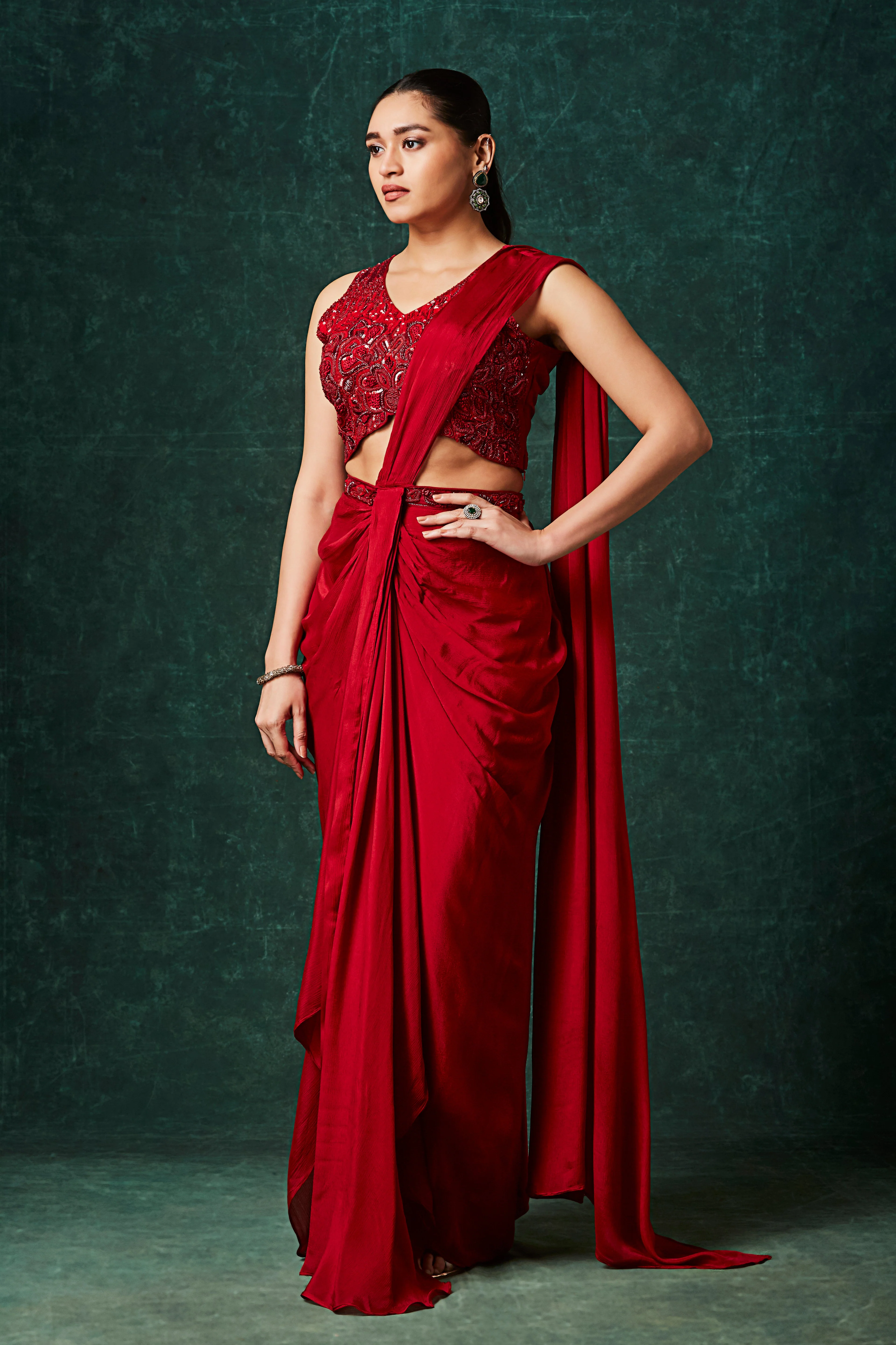 Hot Red Embellished Chinon Silk Drape Saree - Image 3