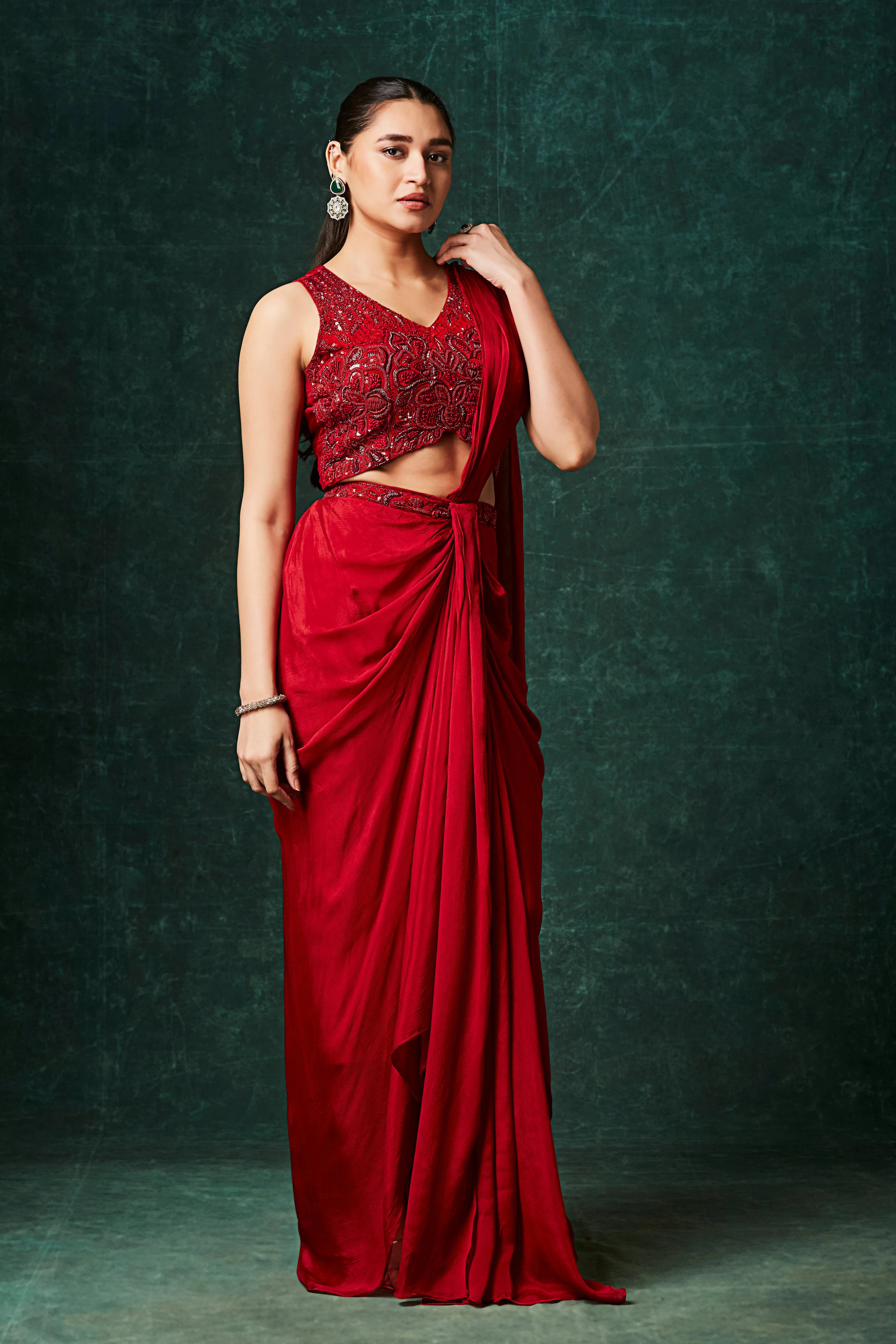 Hot Red Embellished Chinon Silk Drape Saree - Image 4