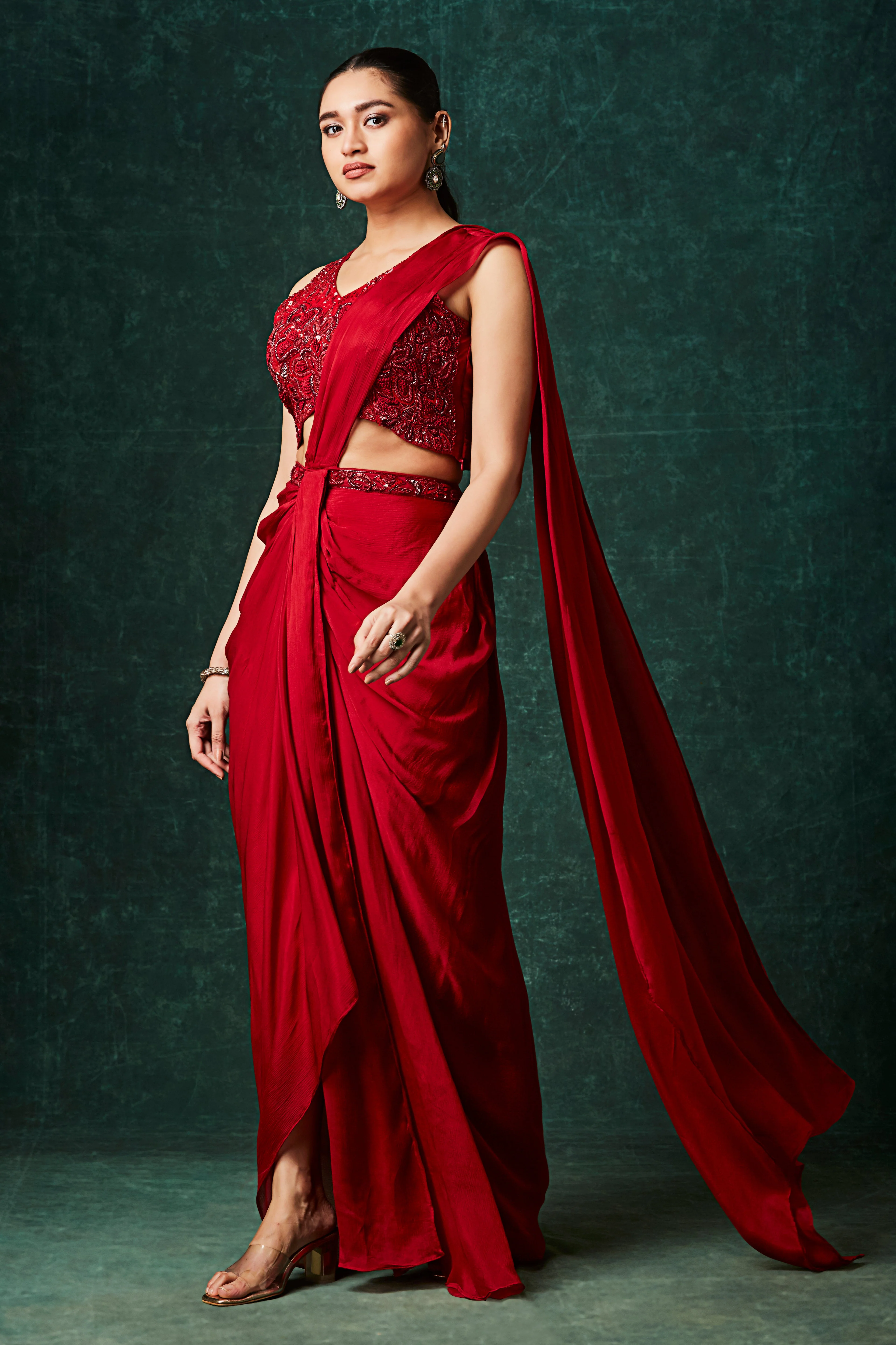 Hot Red Embellished Chinon Silk Drape Saree - Image 5