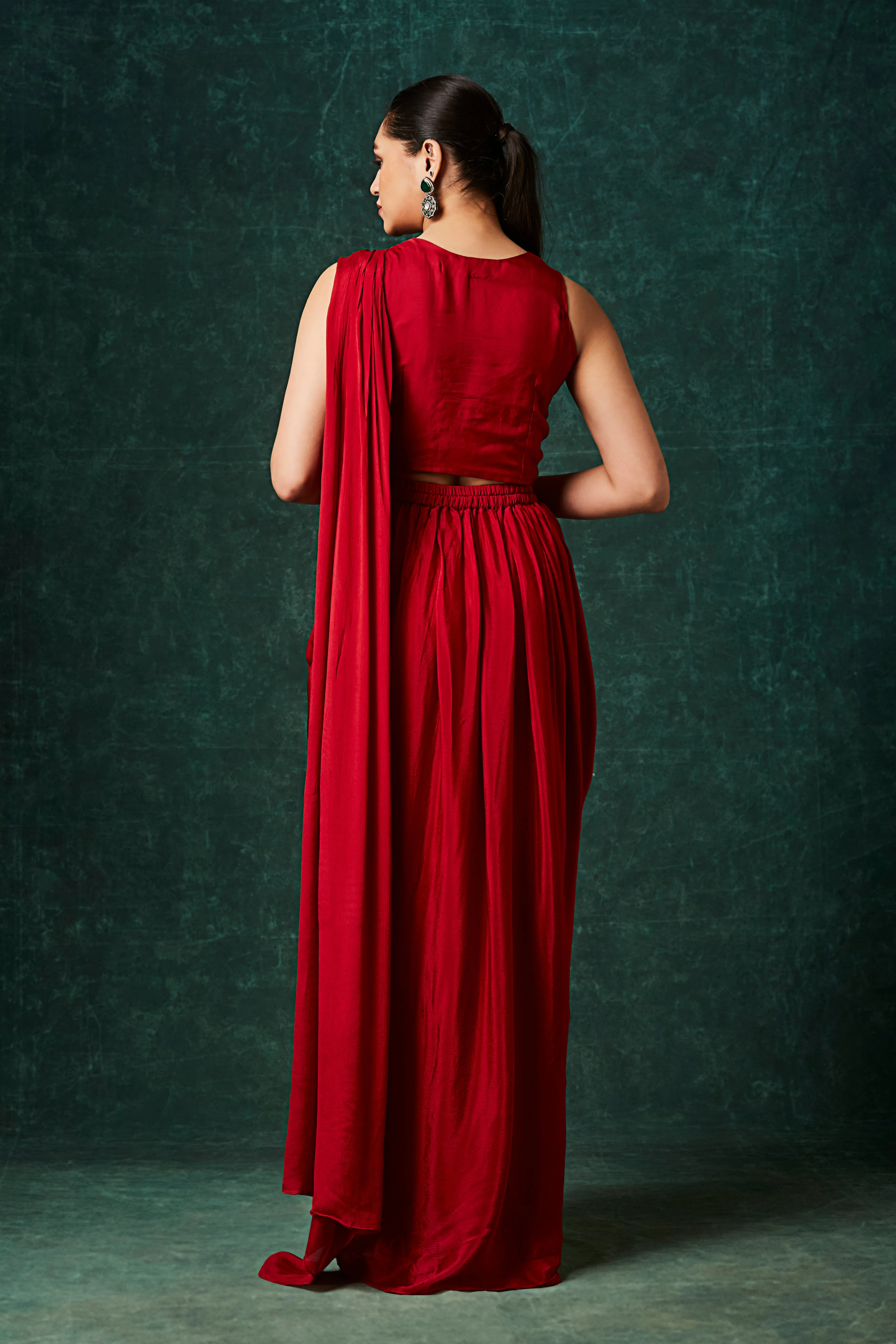 Hot Red Embellished Chinon Silk Drape Saree - Image 6