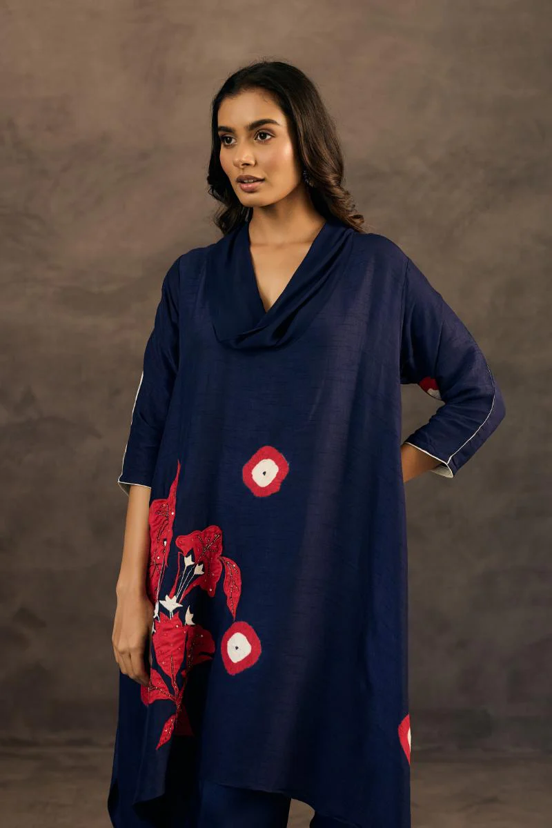 Navy Blue  Embellished Raw Silk Pant Set - Image 3