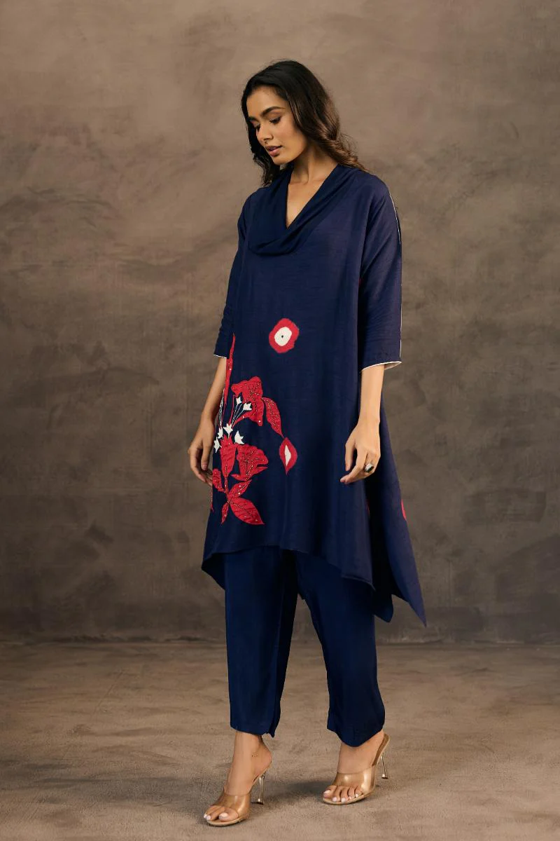 Navy Blue  Embellished Raw Silk Pant Set - Image 4