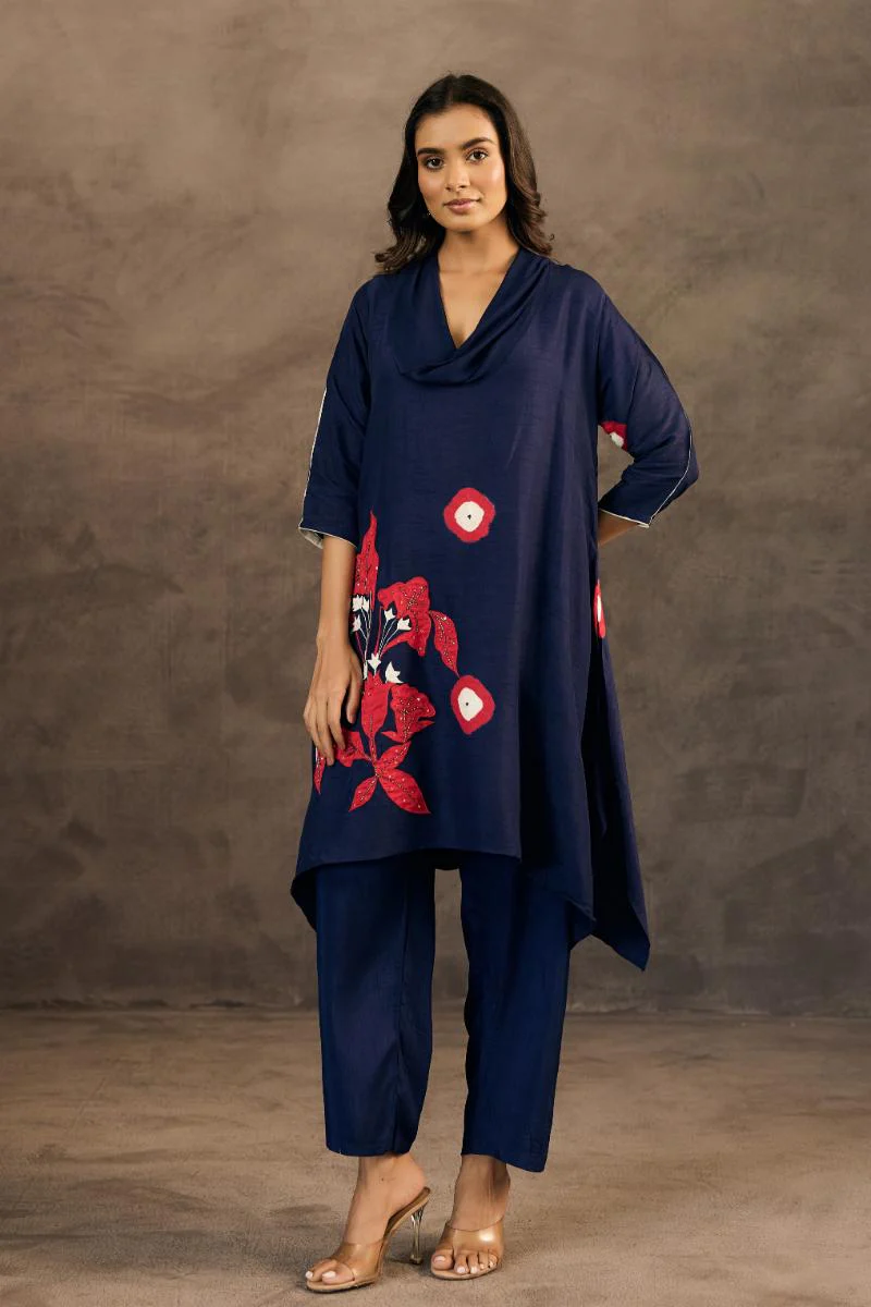 Navy Blue  Embellished Raw Silk Pant Set - Image 5