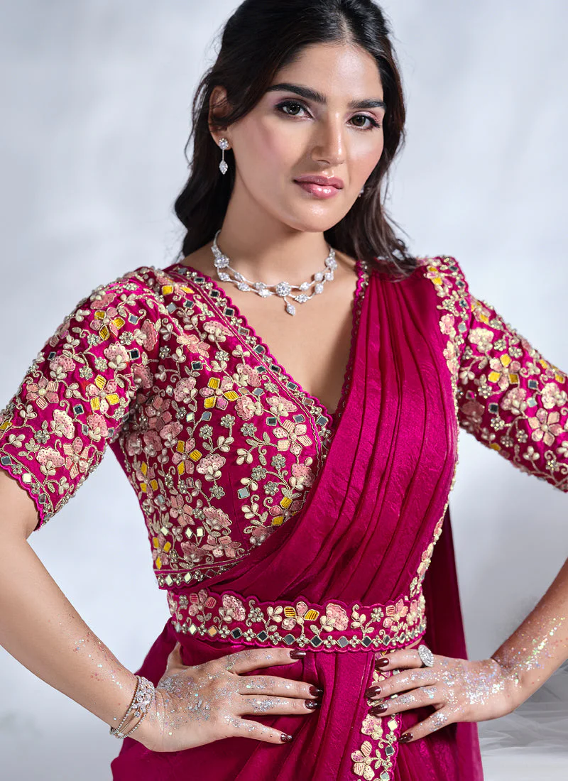 Deep Fuchsia Embellished Soft Organza Silk Saree - Image 2