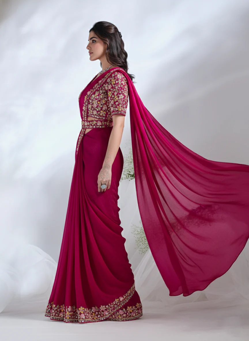 Deep Fuchsia Embellished Soft Organza Silk Saree - Image 3