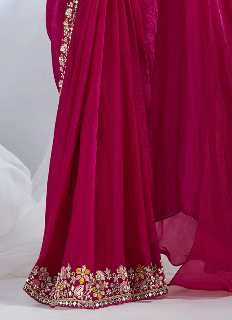 Deep Fuchsia Embellished Soft Organza Silk Saree - Image 4