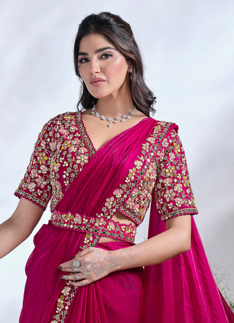 Deep Fuchsia Embellished Soft Organza Silk Saree - Image 5