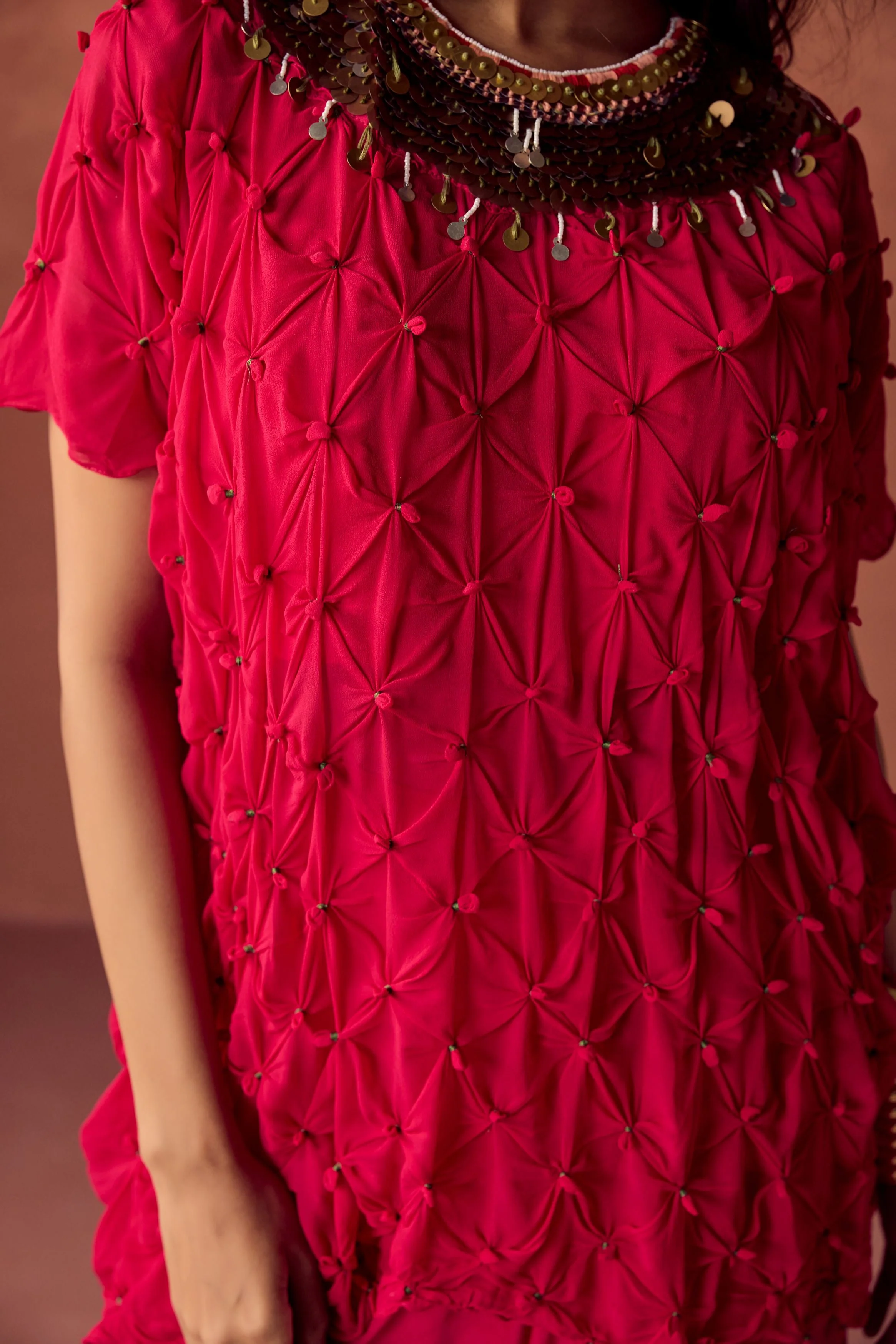 Deep Fuchsia Pink Embellished Georgette Silk Skirt Set - Image 2