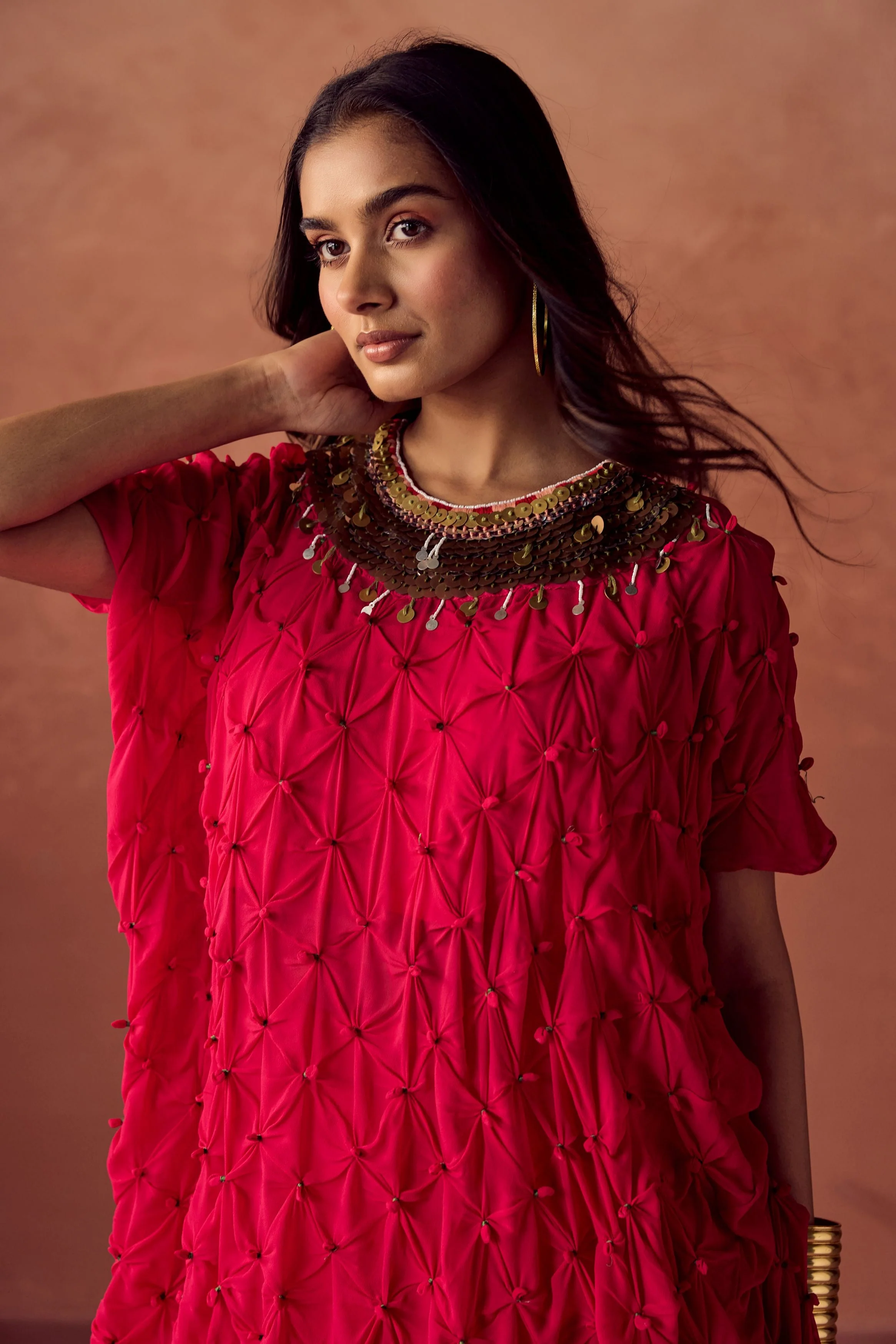 Deep Fuchsia Pink Embellished Georgette Silk Skirt Set - Image 3