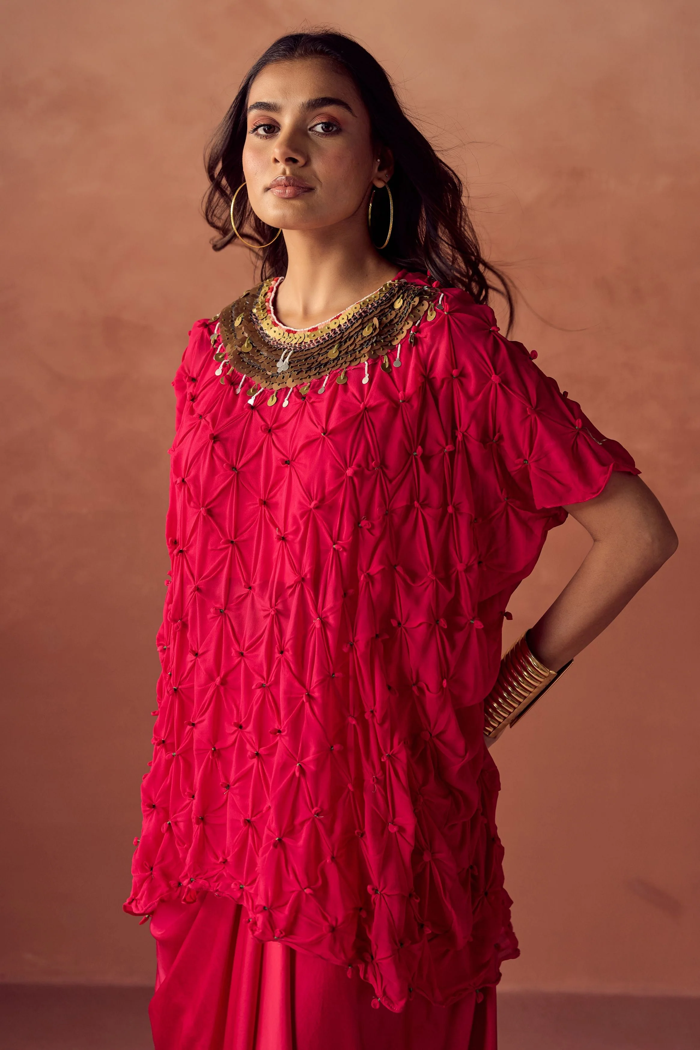 Deep Fuchsia Pink Embellished Georgette Silk Skirt Set - Image 4