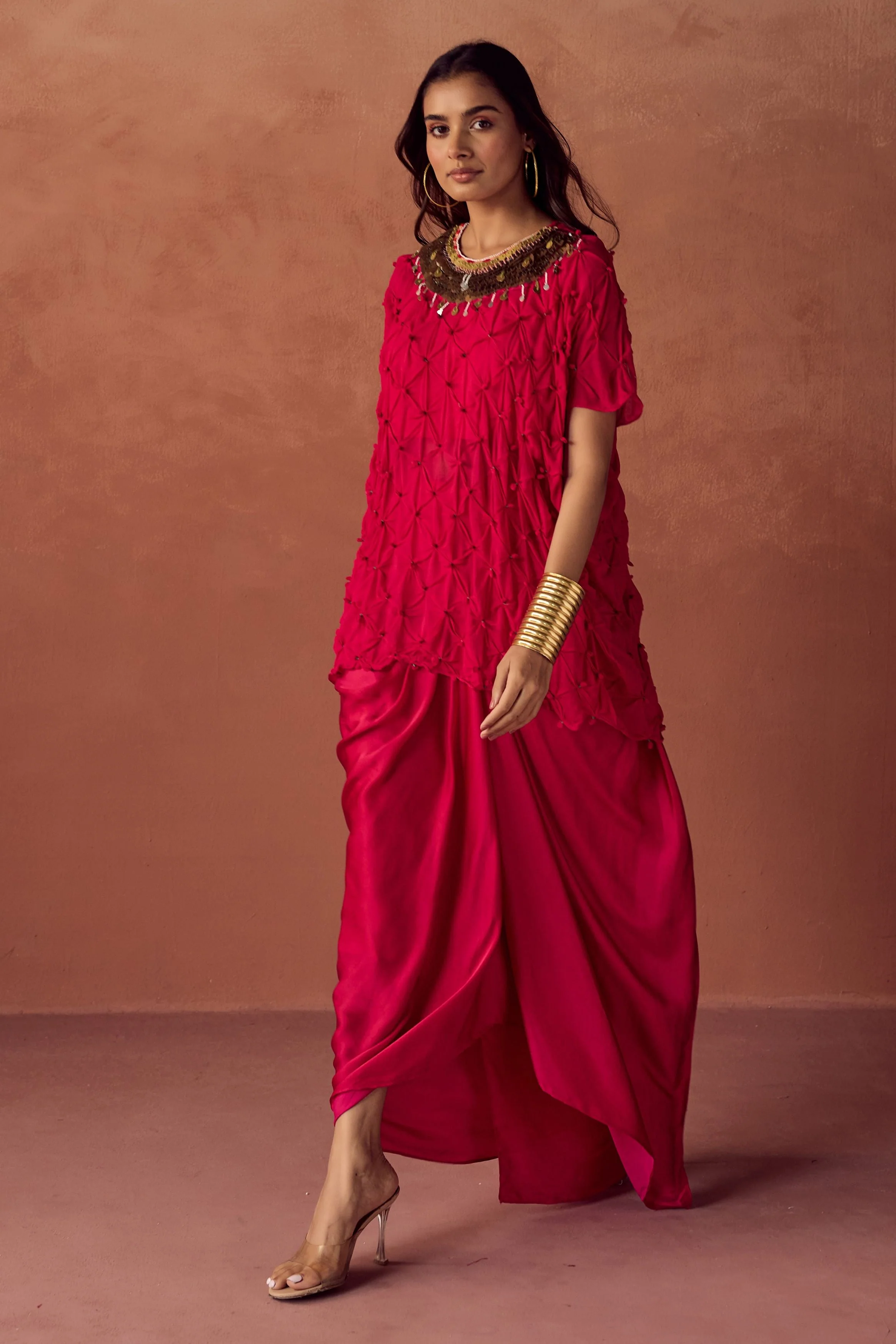 Deep Fuchsia Pink Embellished Georgette Silk Skirt Set - Image 5