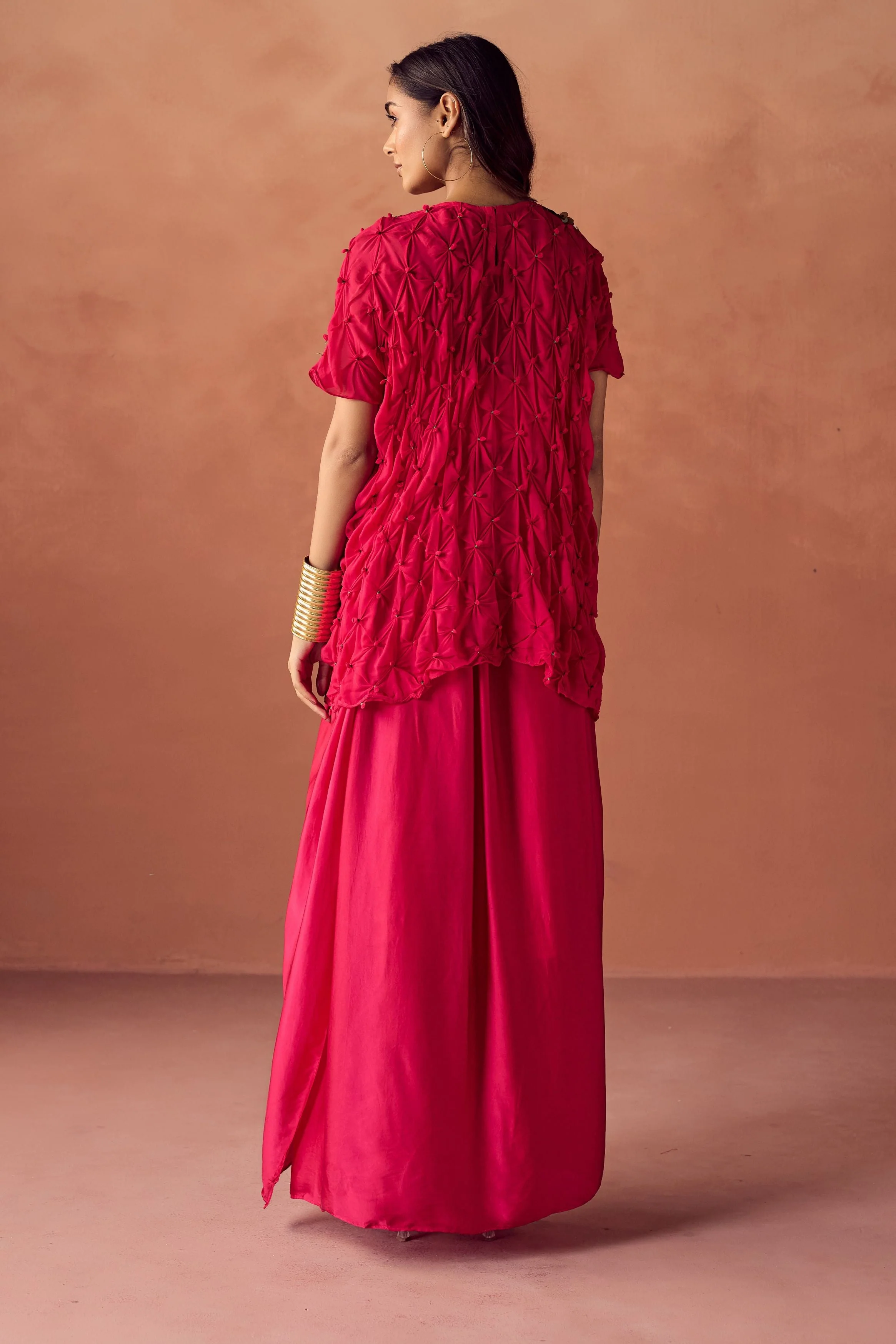 Deep Fuchsia Pink Embellished Georgette Silk Skirt Set - Image 6