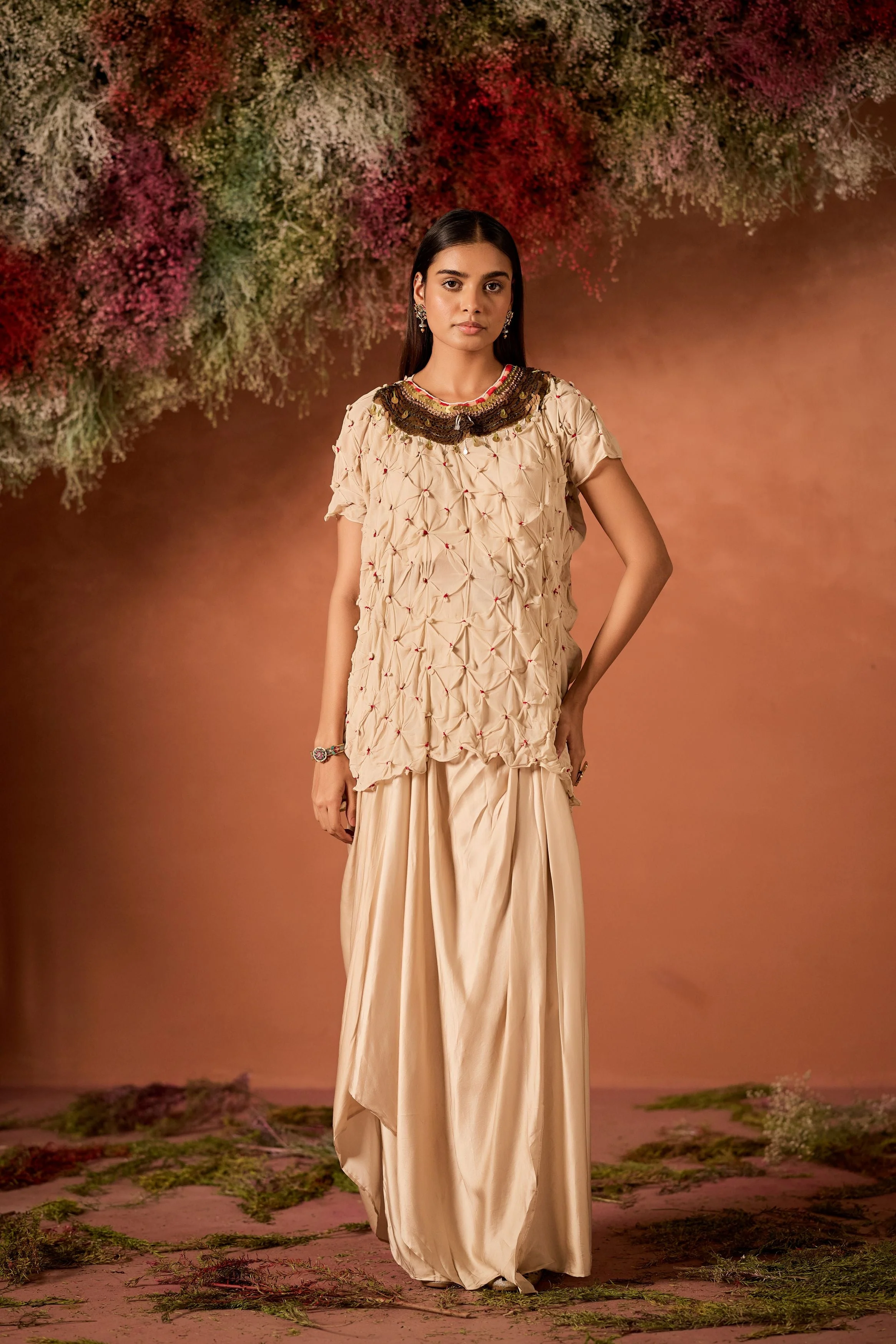 Ivory Embellished Georgette Silk Skirt Set