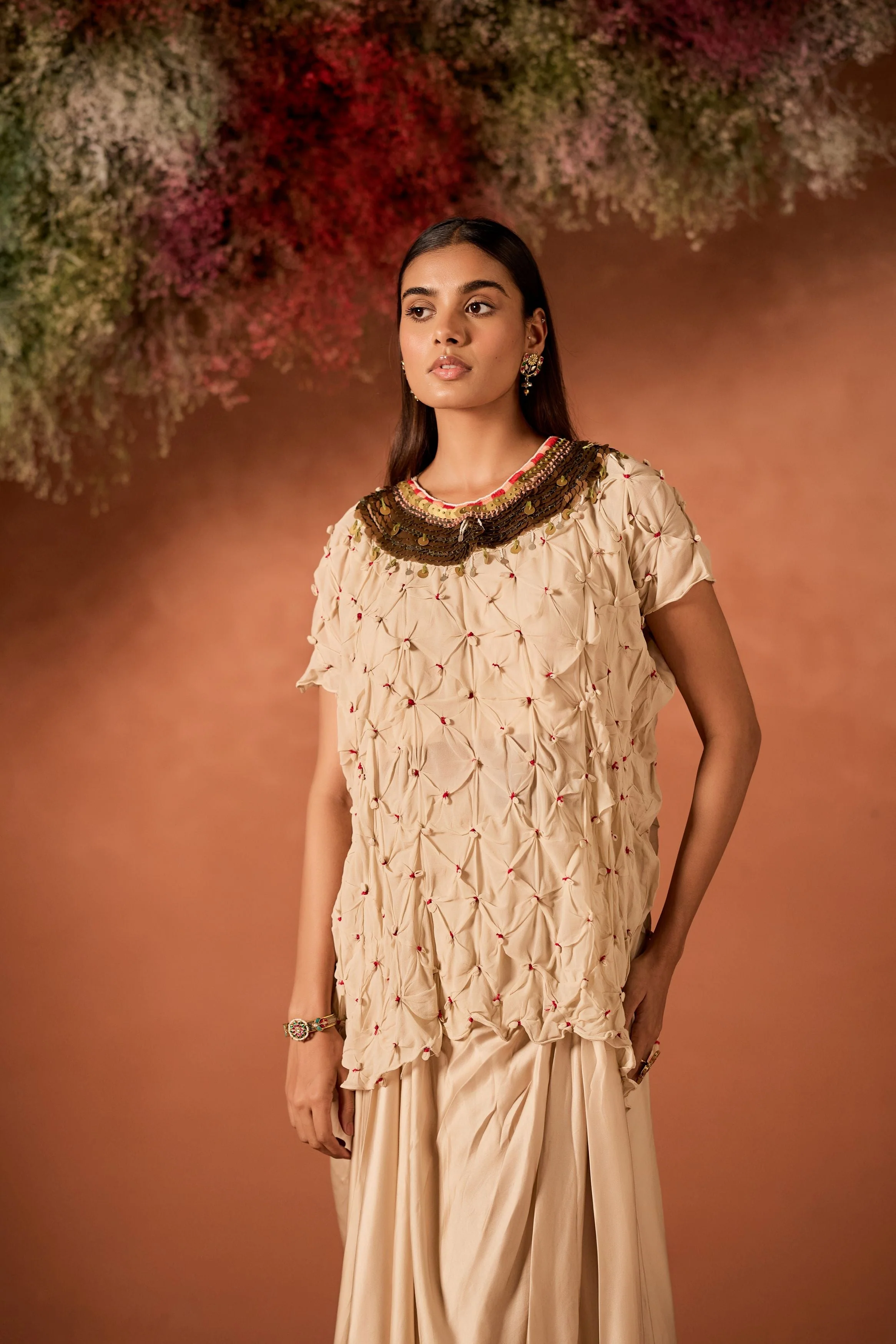 Ivory Embellished Georgette Silk Skirt Set - Image 2