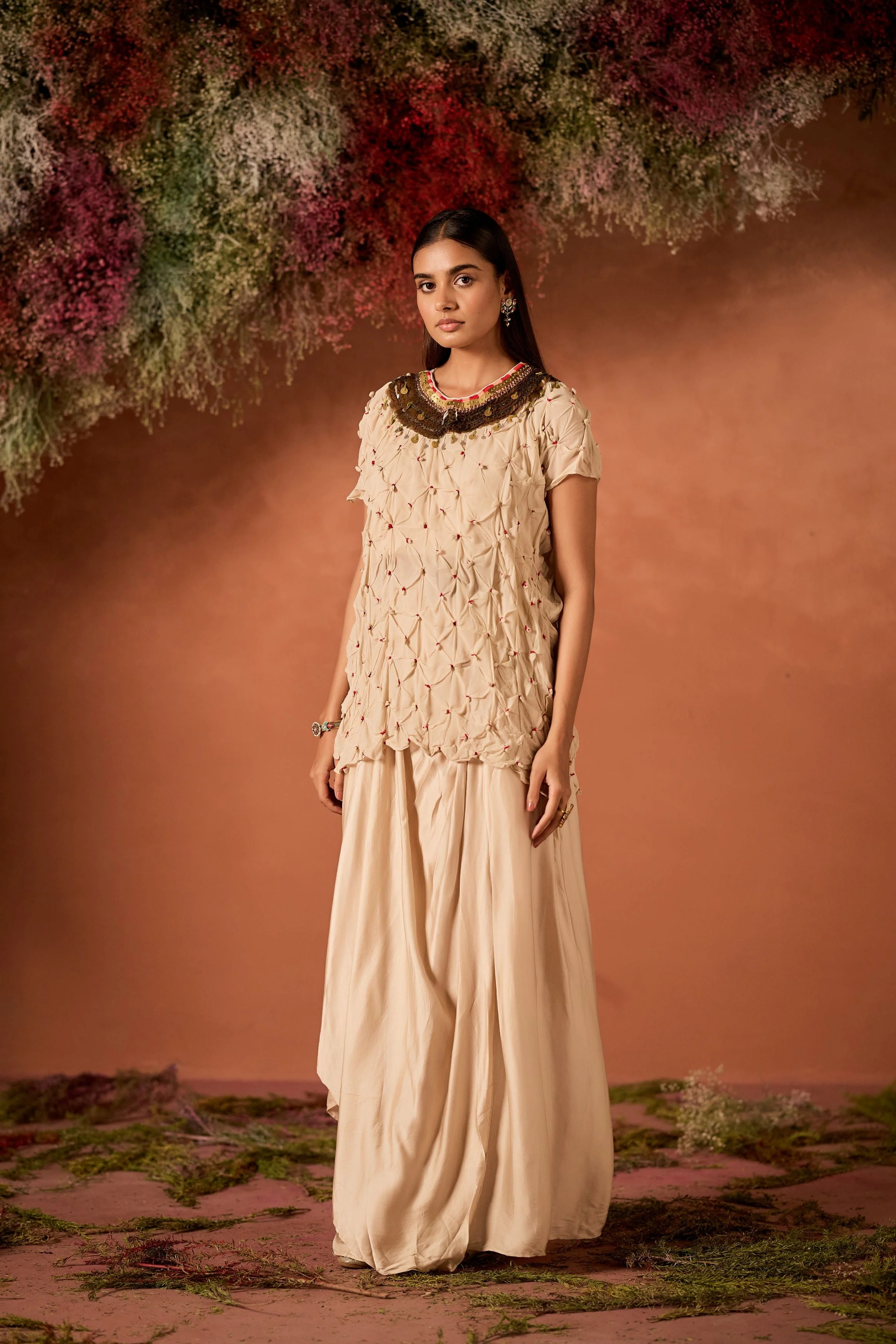 Ivory Embellished Georgette Silk Skirt Set - Image 3
