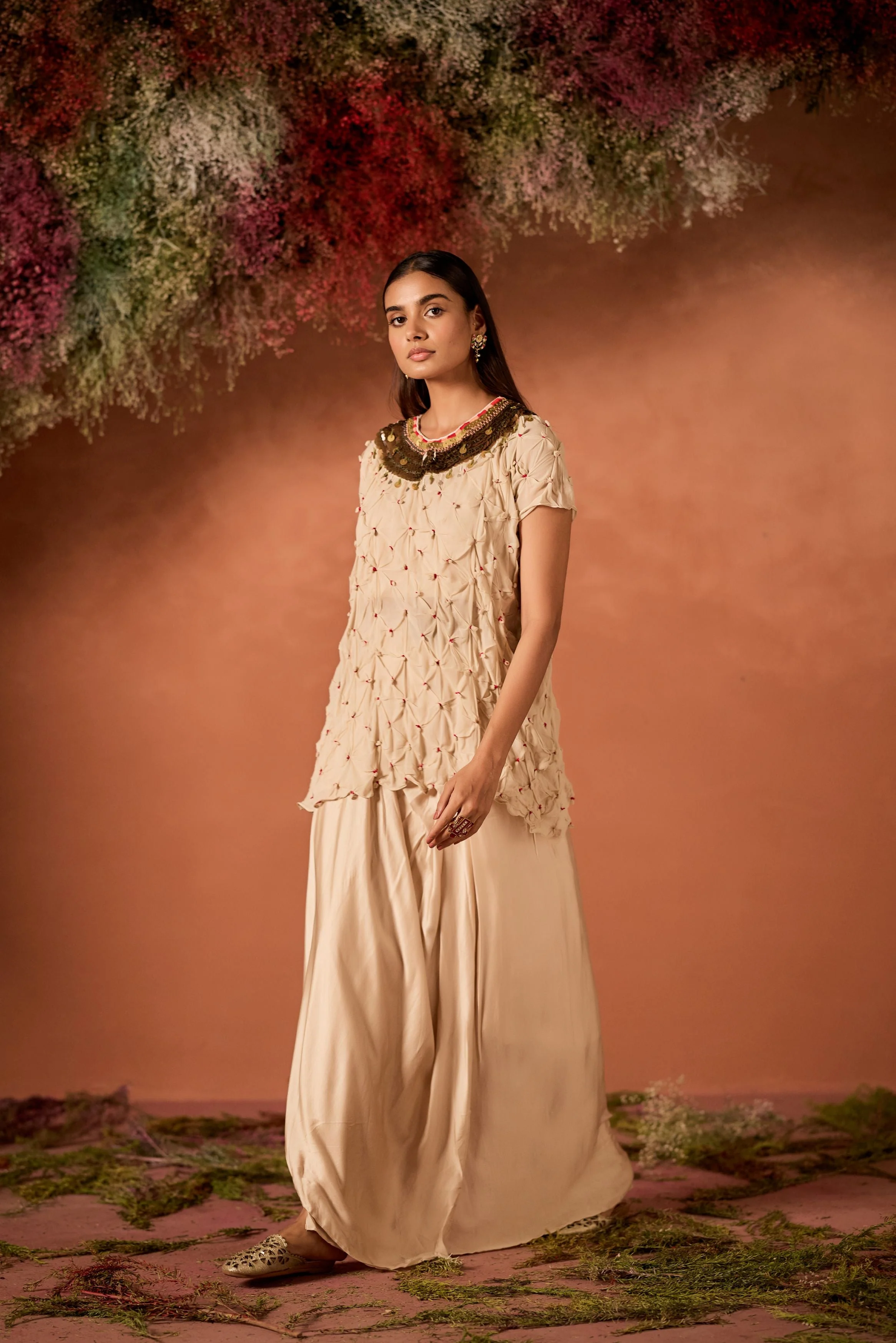 Ivory Embellished Georgette Silk Skirt Set - Image 4