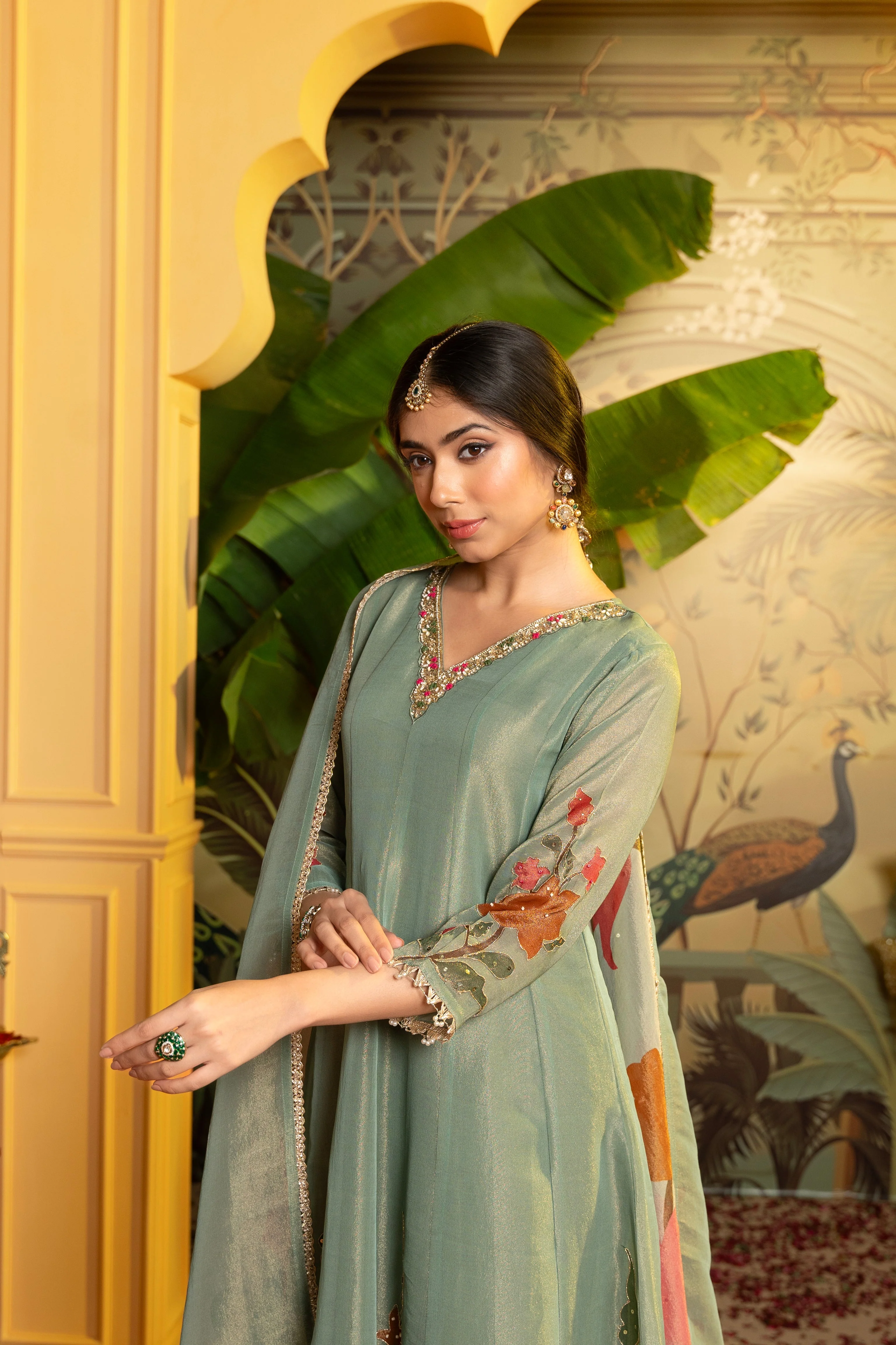 Pastel Green Embellished Tissue Silk Anarkali Set - Image 2