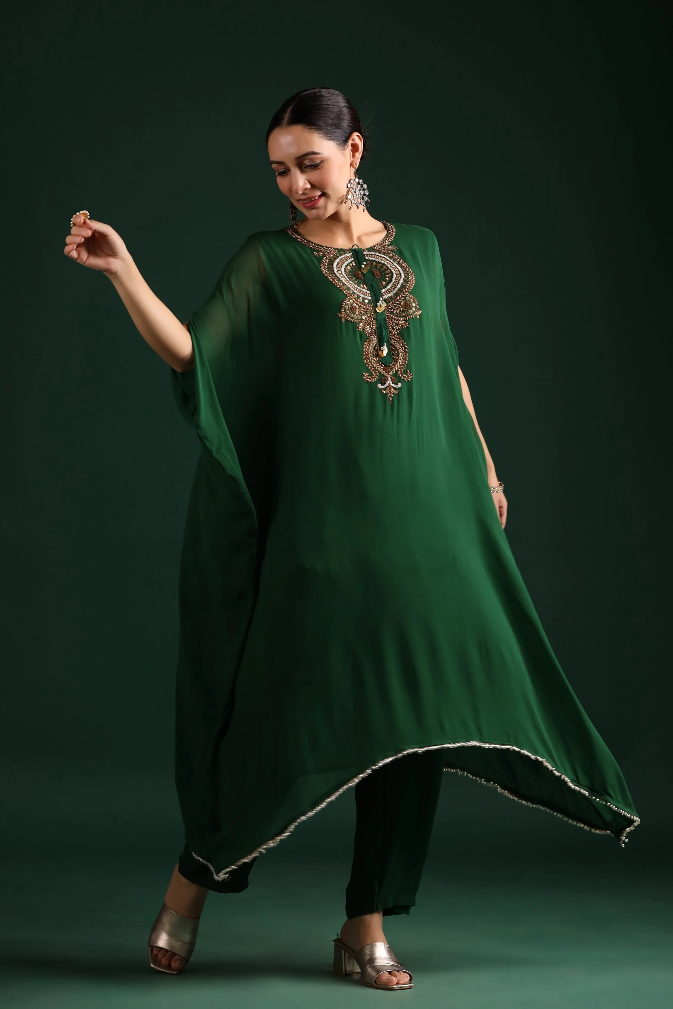 Deep Green Embellished Kaftan Pant Set - Image 3