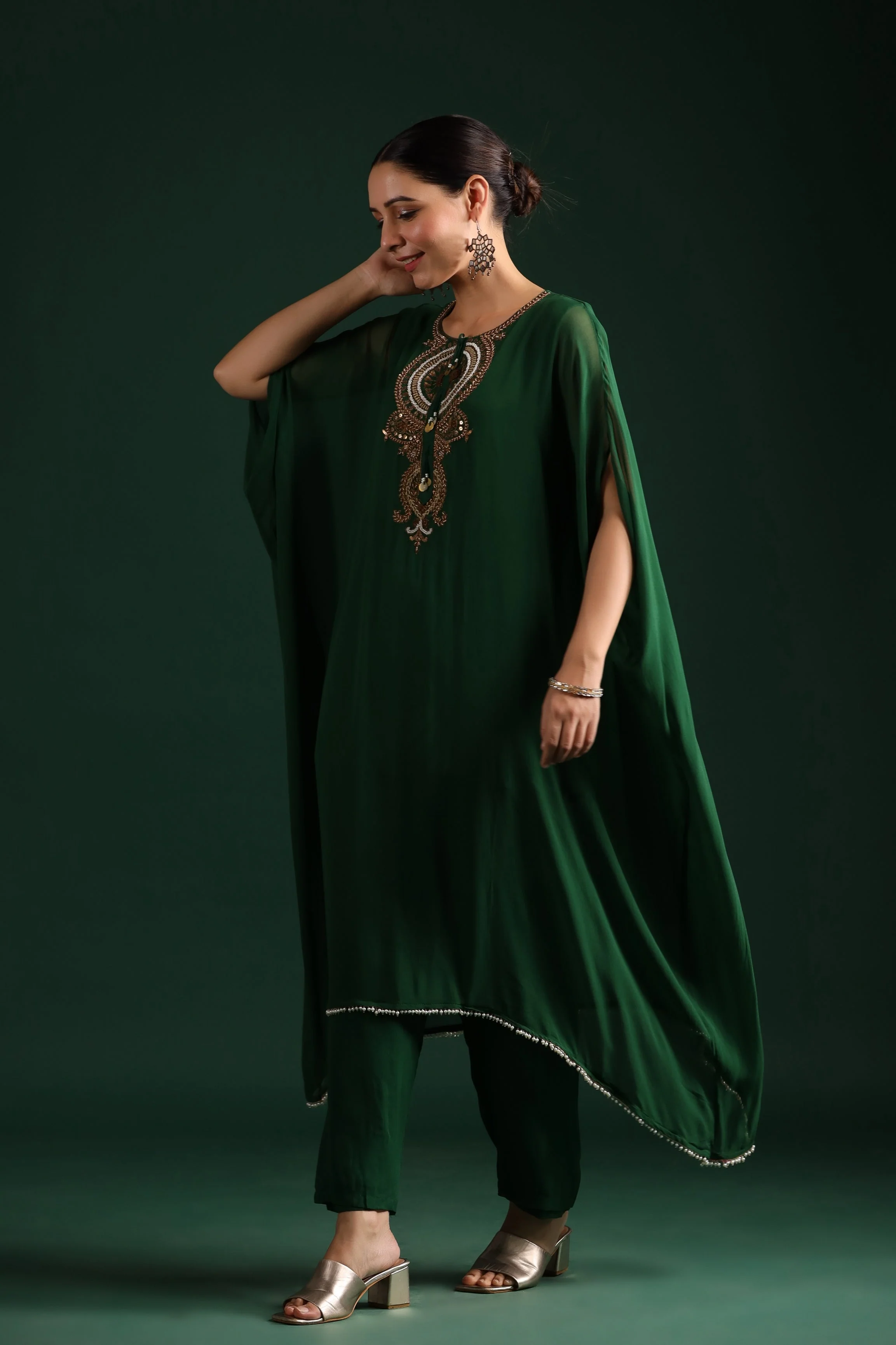 Deep Green Embellished Kaftan Pant Set - Image 4