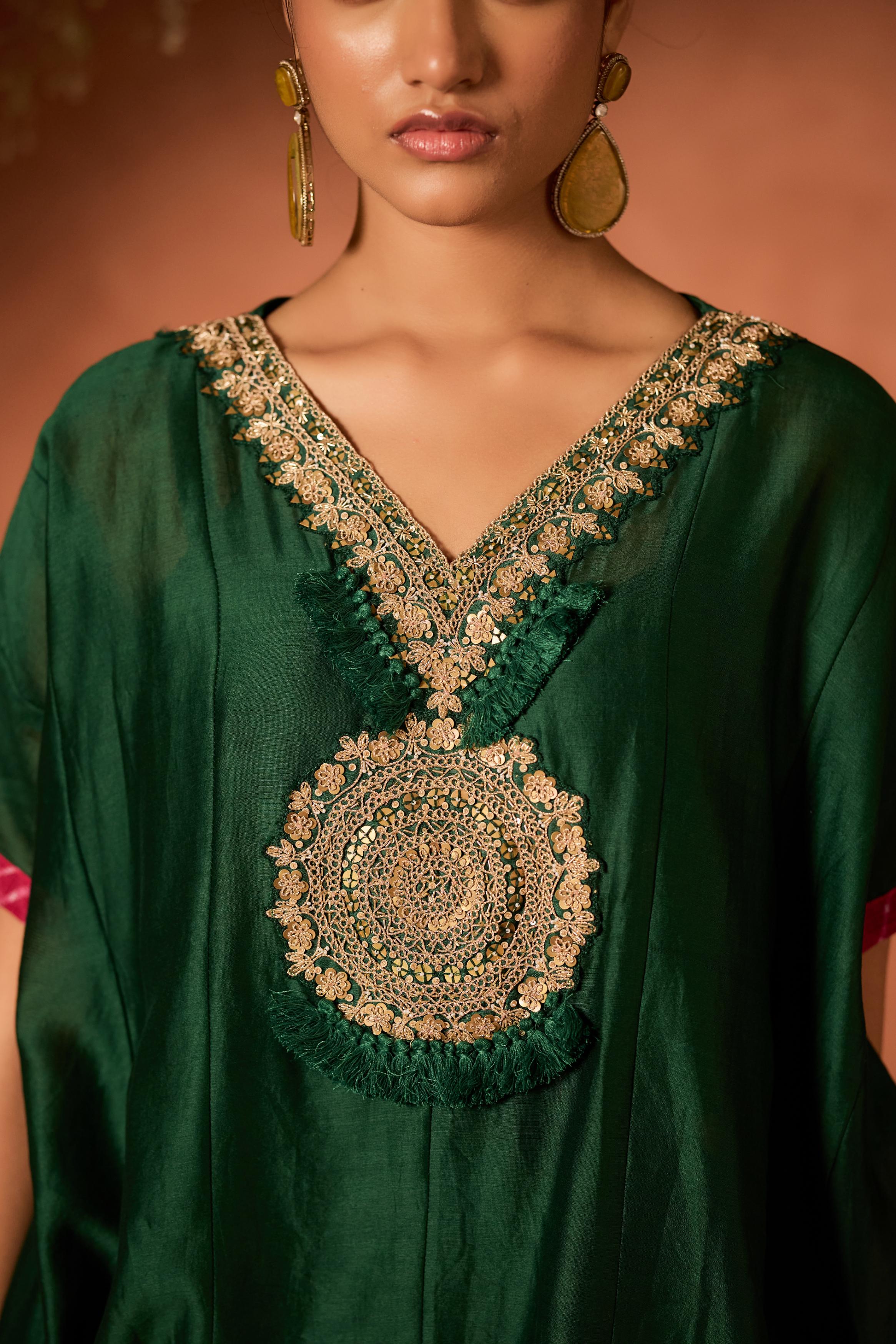 Emerald Enchant Embellished Organza Tissue Silk Kaftan Set - Image 2