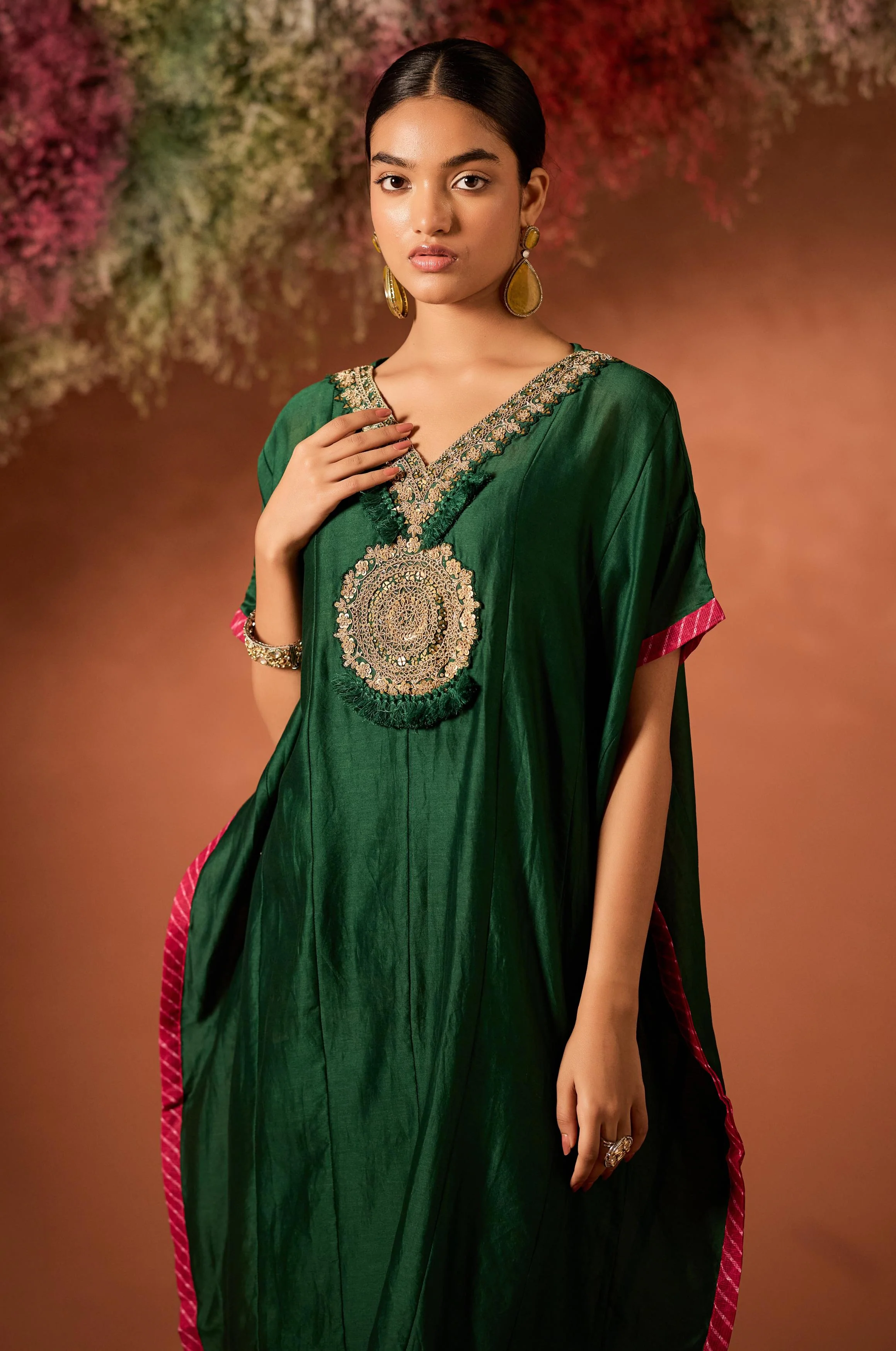 Emerald Enchant Embellished Organza Tissue Silk Kaftan Set - Image 3
