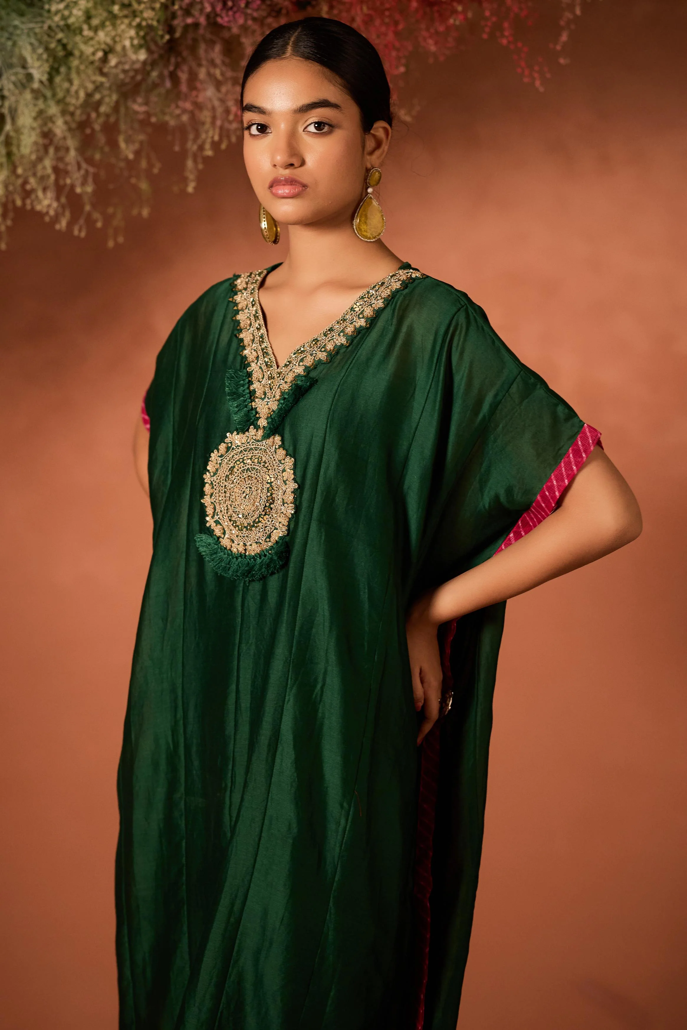 Emerald Enchant Embellished Organza Tissue Silk Kaftan Set - Image 4