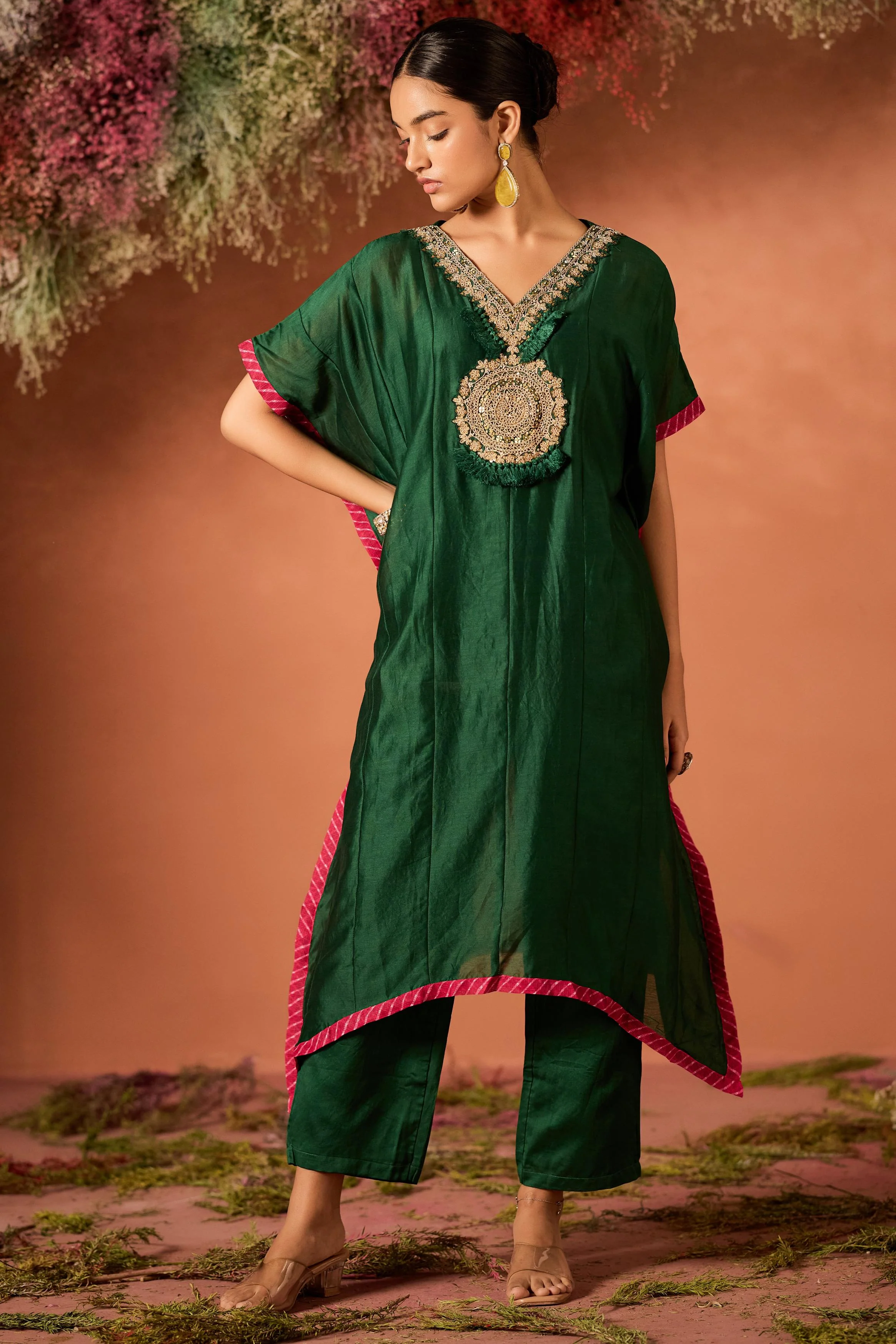 Emerald Enchant Embellished Organza Tissue Silk Kaftan Set - Image 5