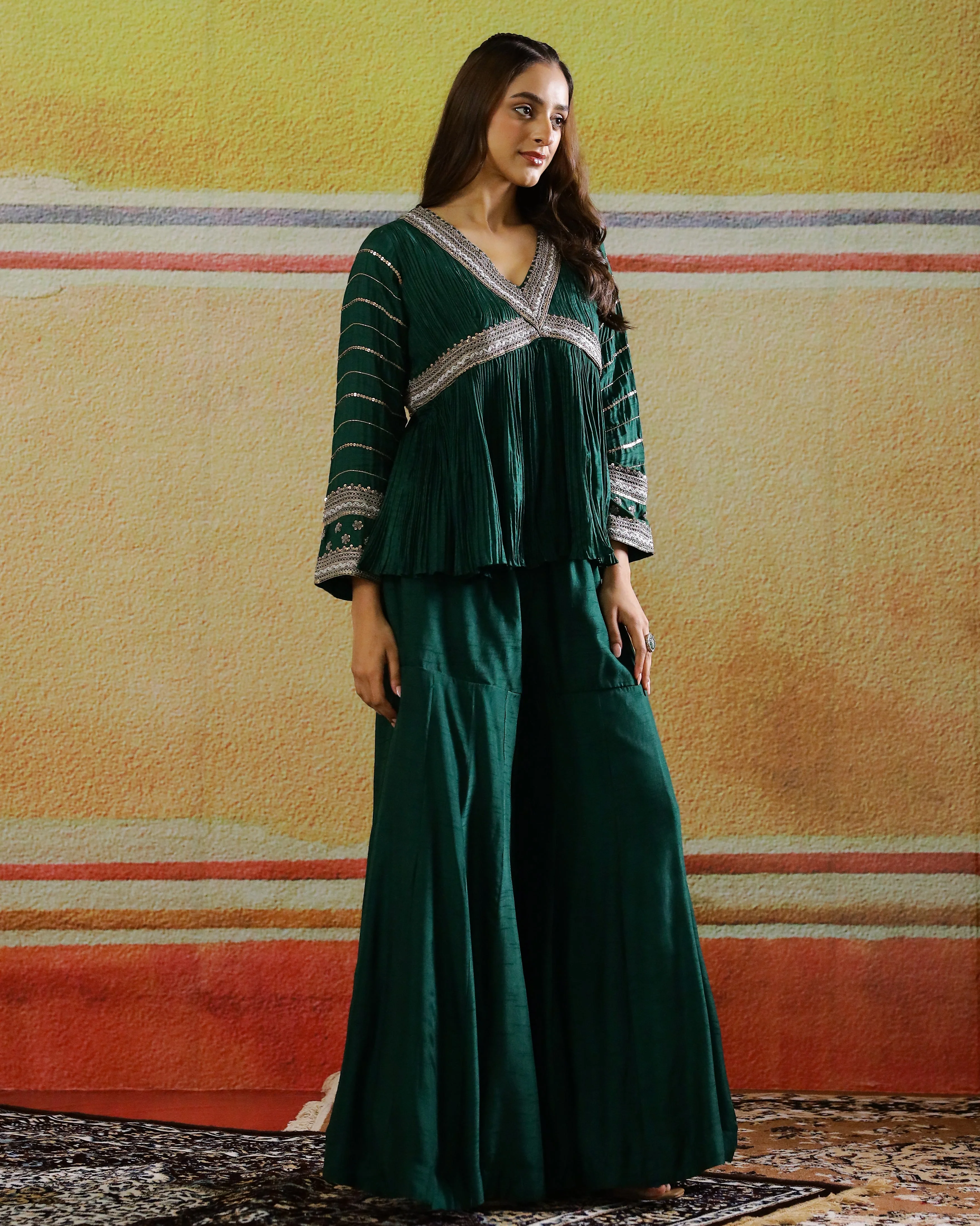 Deep Green Embellished Raw Silk Sharara Set - Image 3