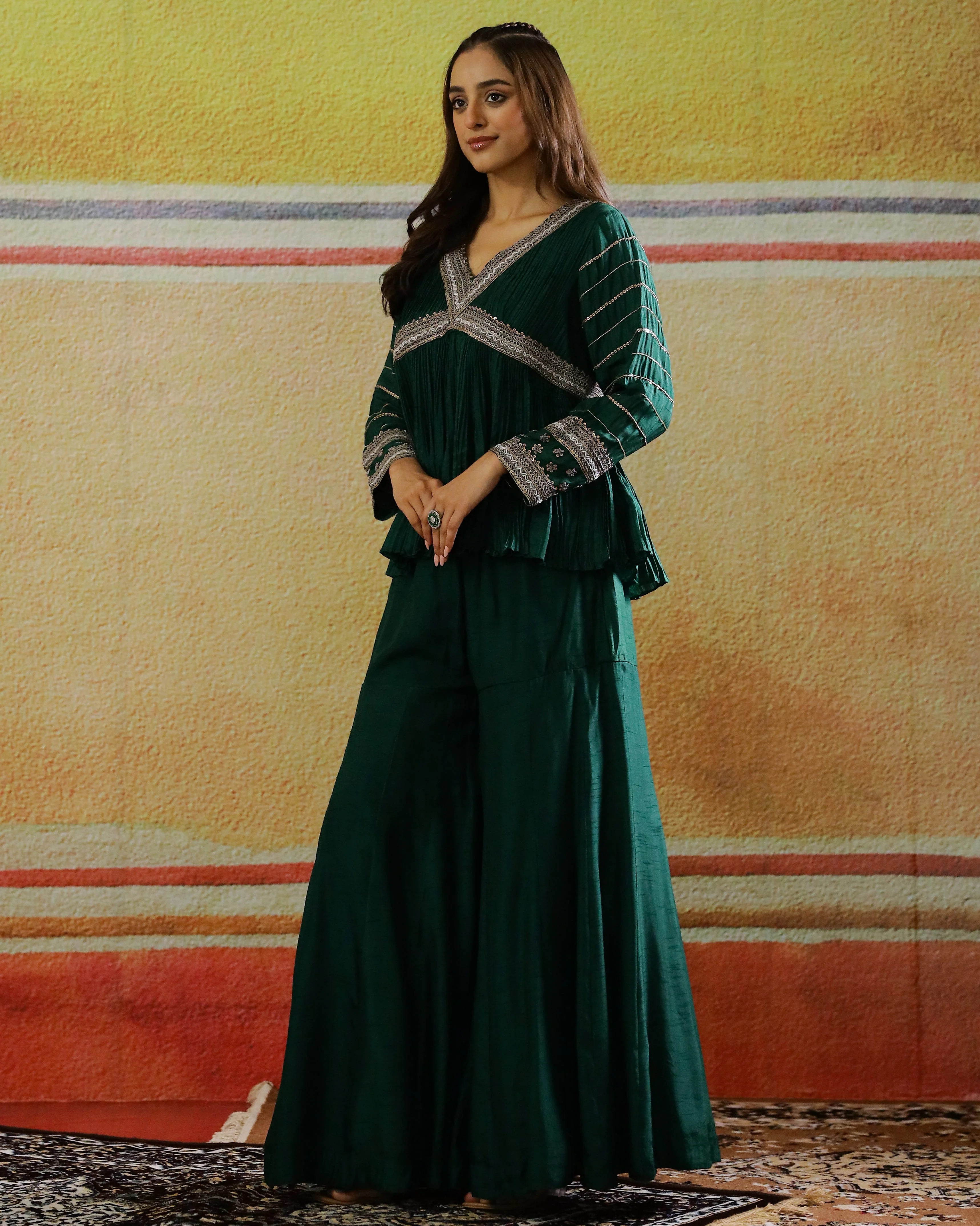 Deep Green Embellished Raw Silk Sharara Set - Image 4