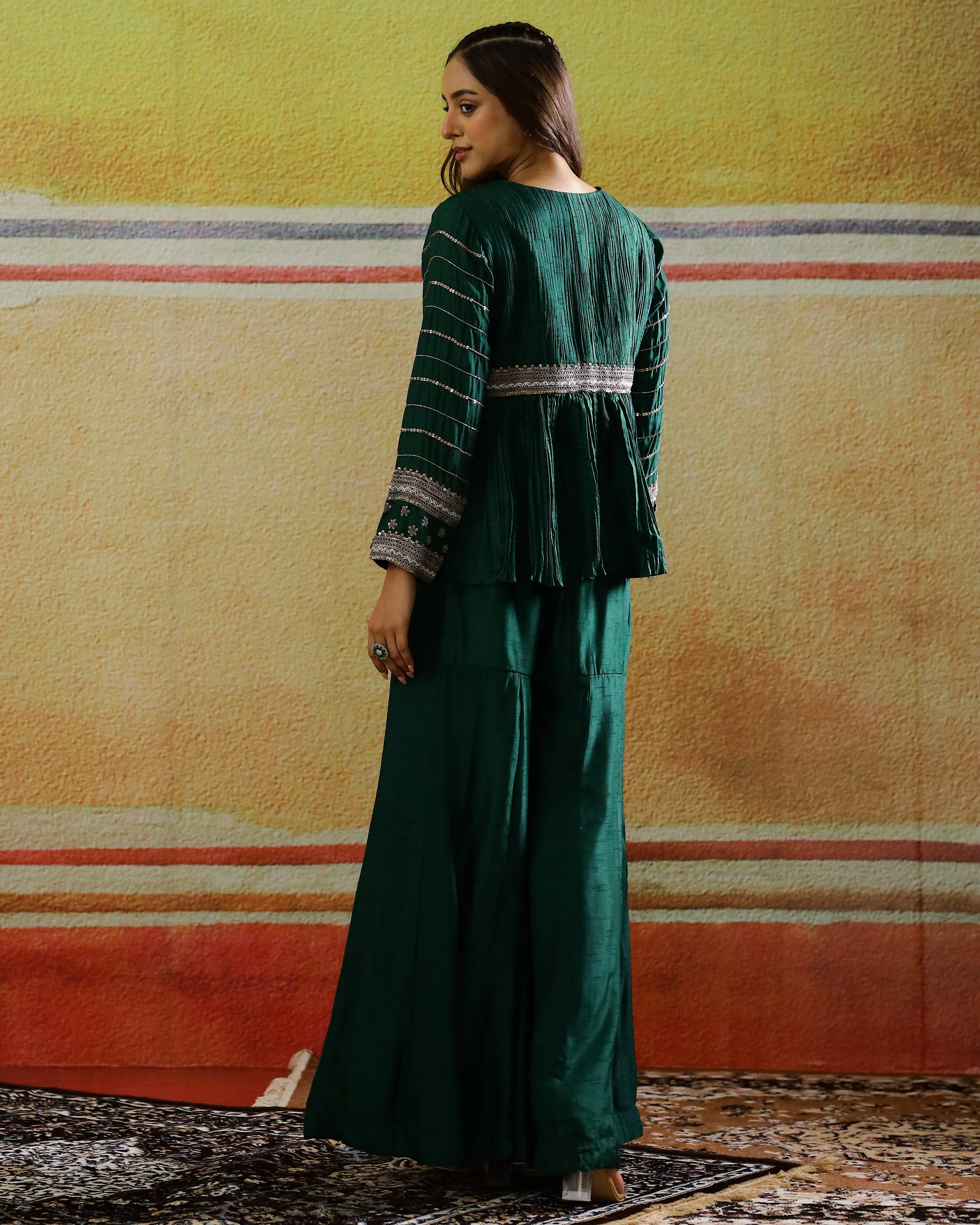 Deep Green Embellished Raw Silk Sharara Set - Image 5