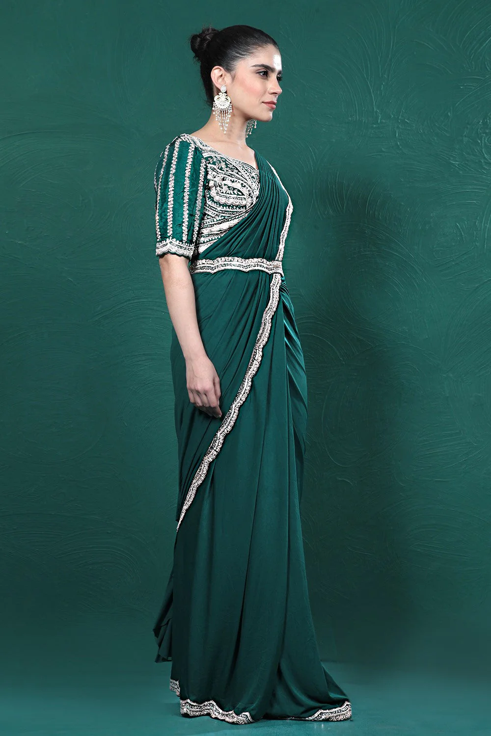 Deep Green Embellished Spandex Saree - Image 2
