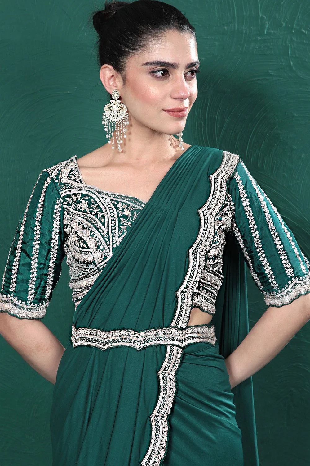 Deep Green Embellished Spandex Saree - Image 4