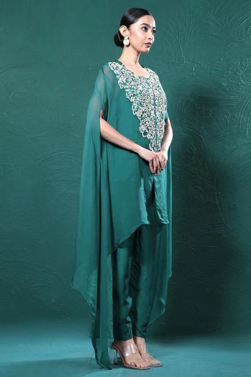 Deep Green Embroidered Cape Kurta Set - Image 2