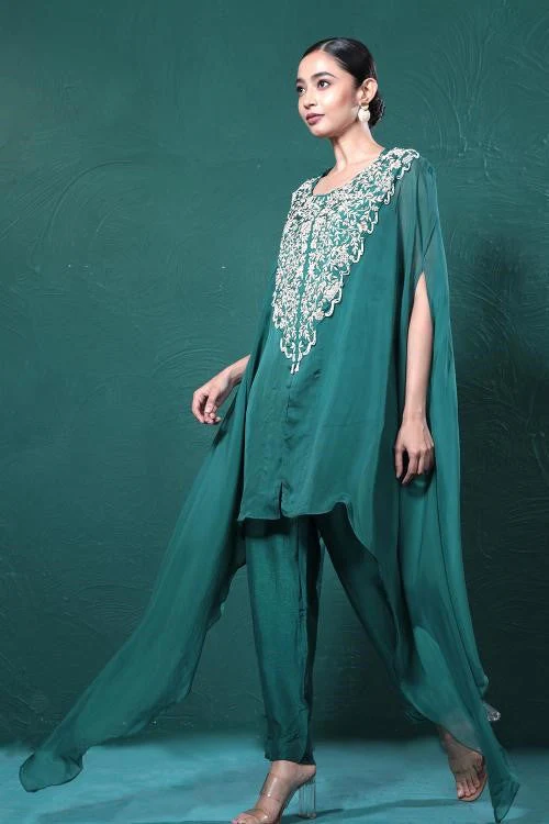 Deep Green Embroidered Cape Kurta Set - Image 3