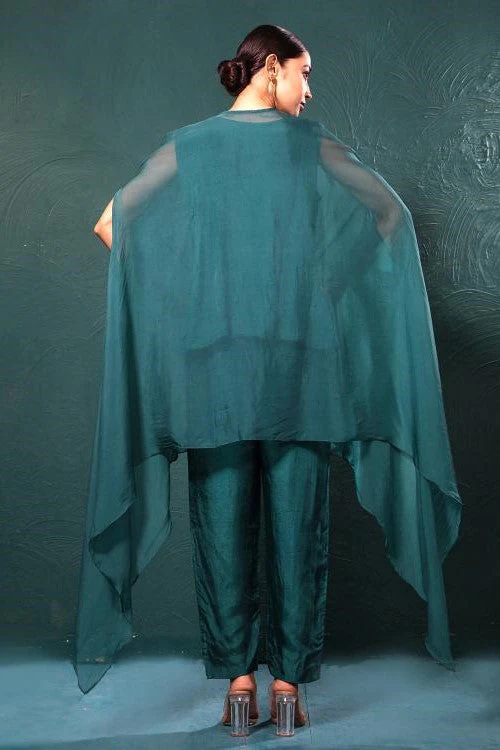 Deep Green Embroidered Cape Kurta Set - Image 4