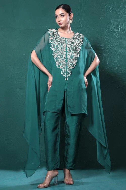 Deep Green Embroidered Cape Kurta Set - Image 5