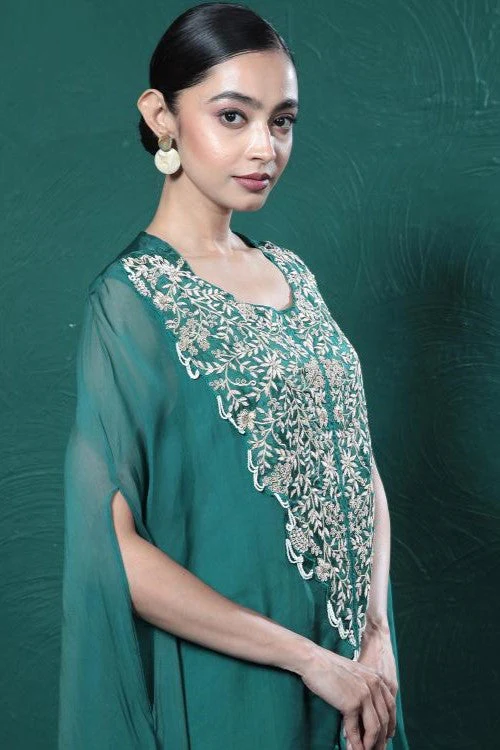 Deep Green Embroidered Cape Kurta Set - Image 8