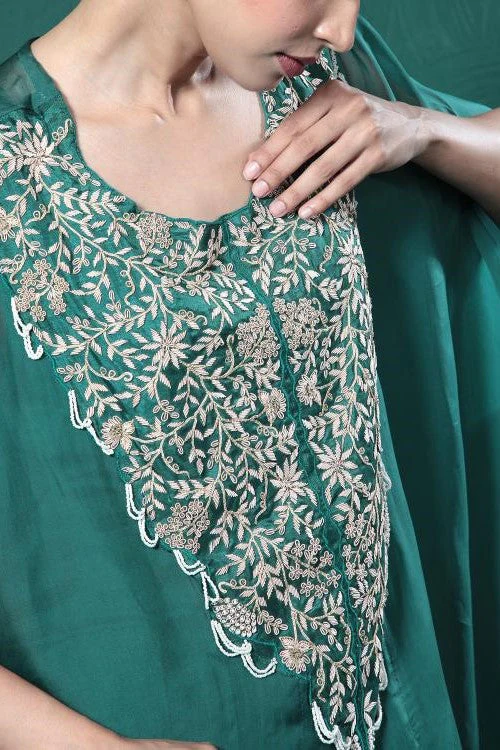 Deep Green Embroidered Cape Kurta Set - Image 9