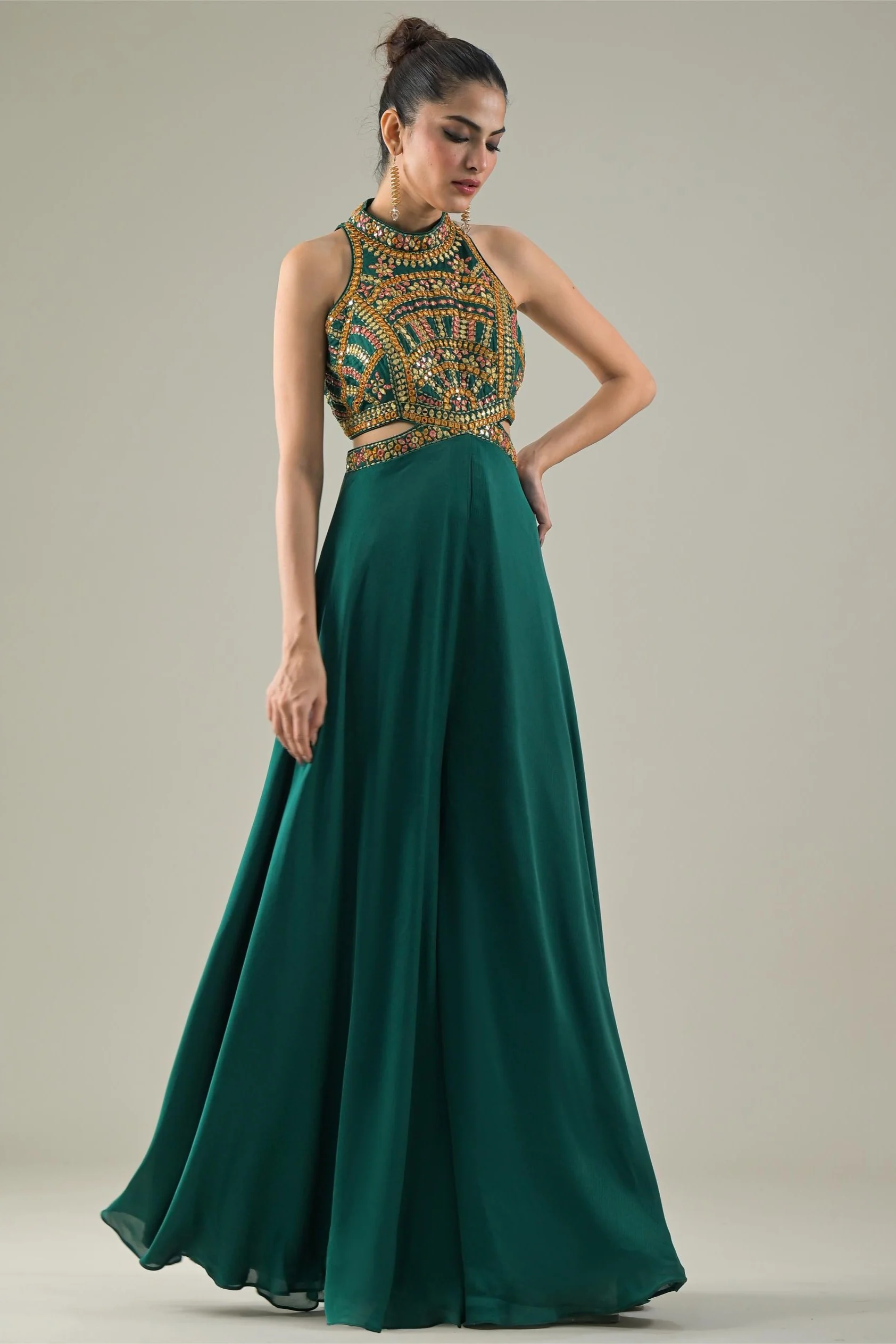 Deep Green Embroidered Chinon Satin Silk Jumpsuit - Image 3
