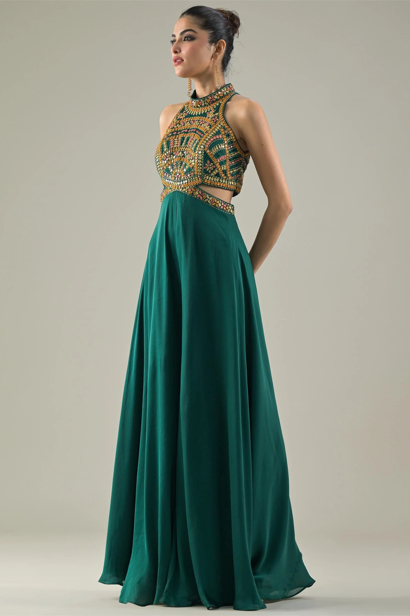 Deep Green Embroidered Chinon Satin Silk Jumpsuit - Image 4