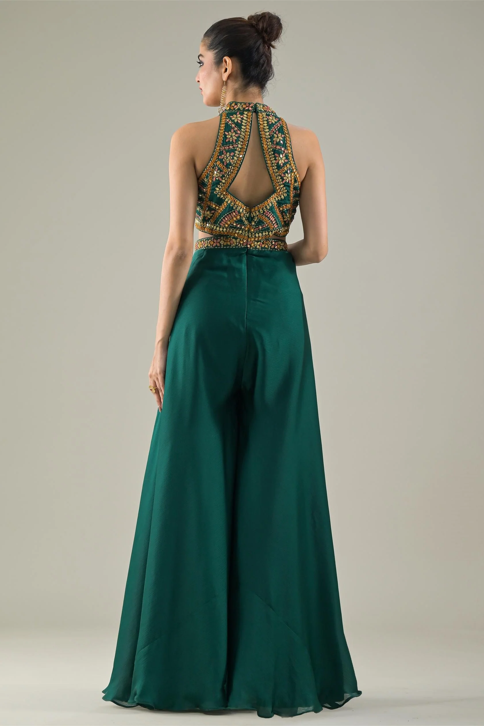 Deep Green Embroidered Chinon Satin Silk Jumpsuit - Image 5