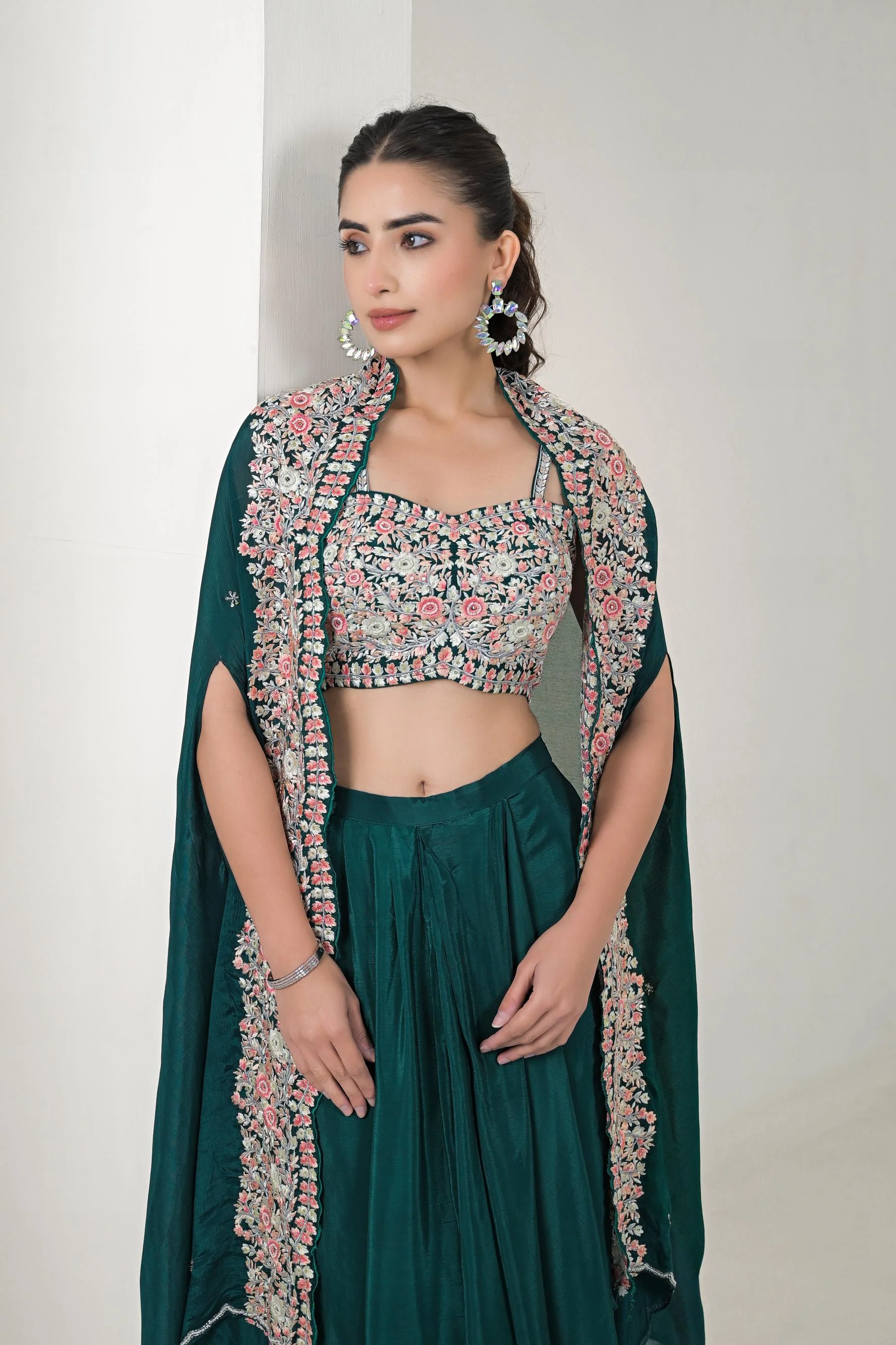 Deep Green Embroidered Chinon Silk Cape Set - Image 2