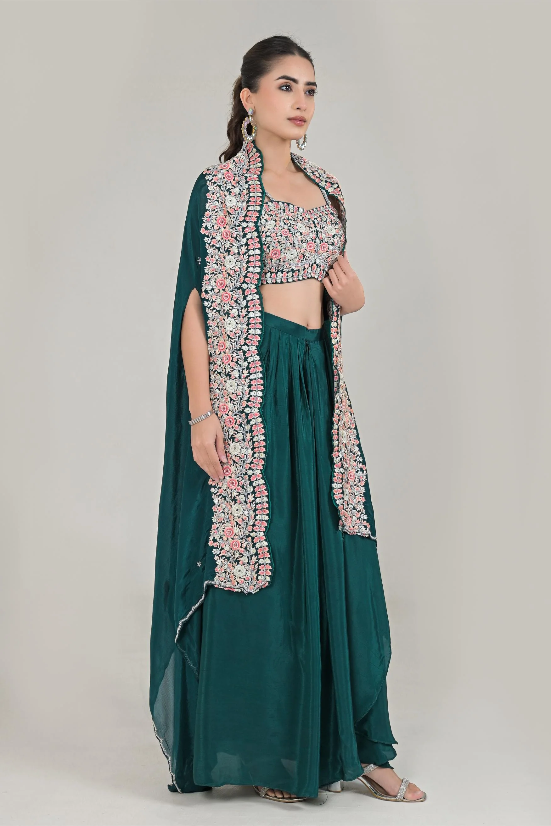 Deep Green Embroidered Chinon Silk Cape Set - Image 3