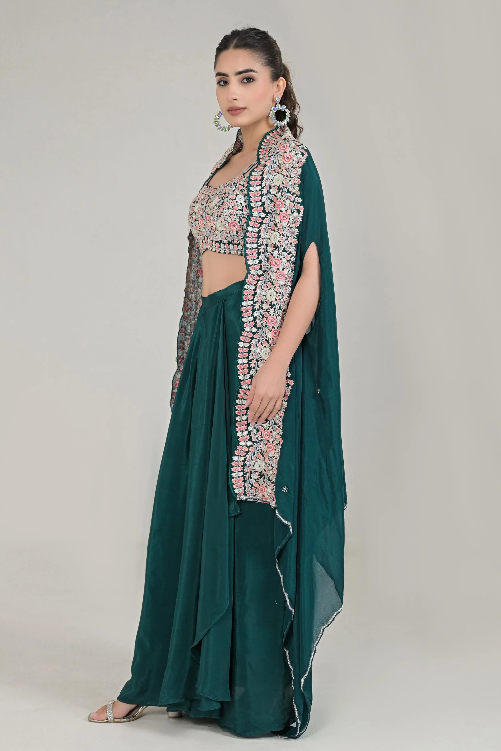 Deep Green Embroidered Chinon Silk Cape Set - Image 4
