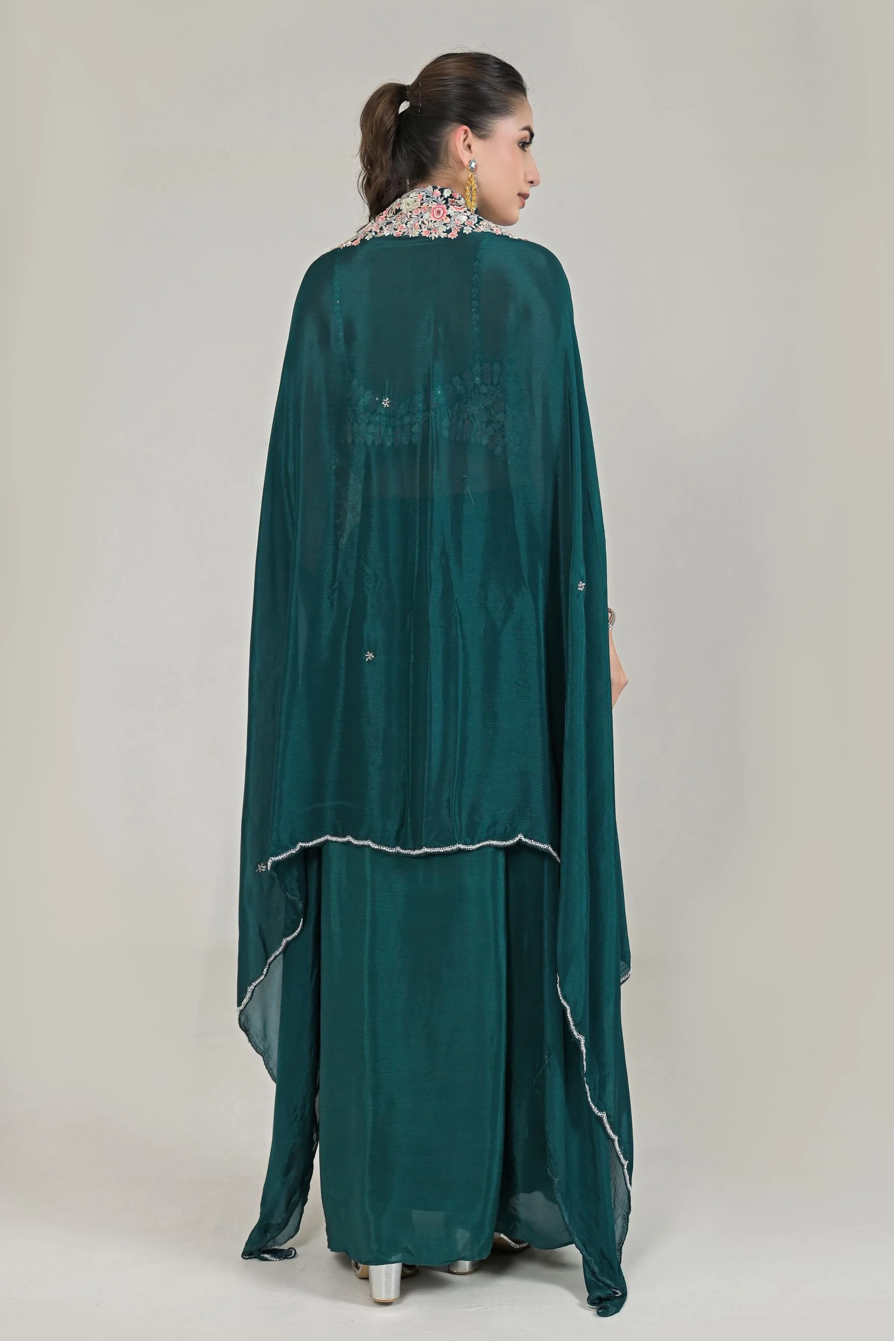 Deep Green Embroidered Chinon Silk Cape Set - Image 5