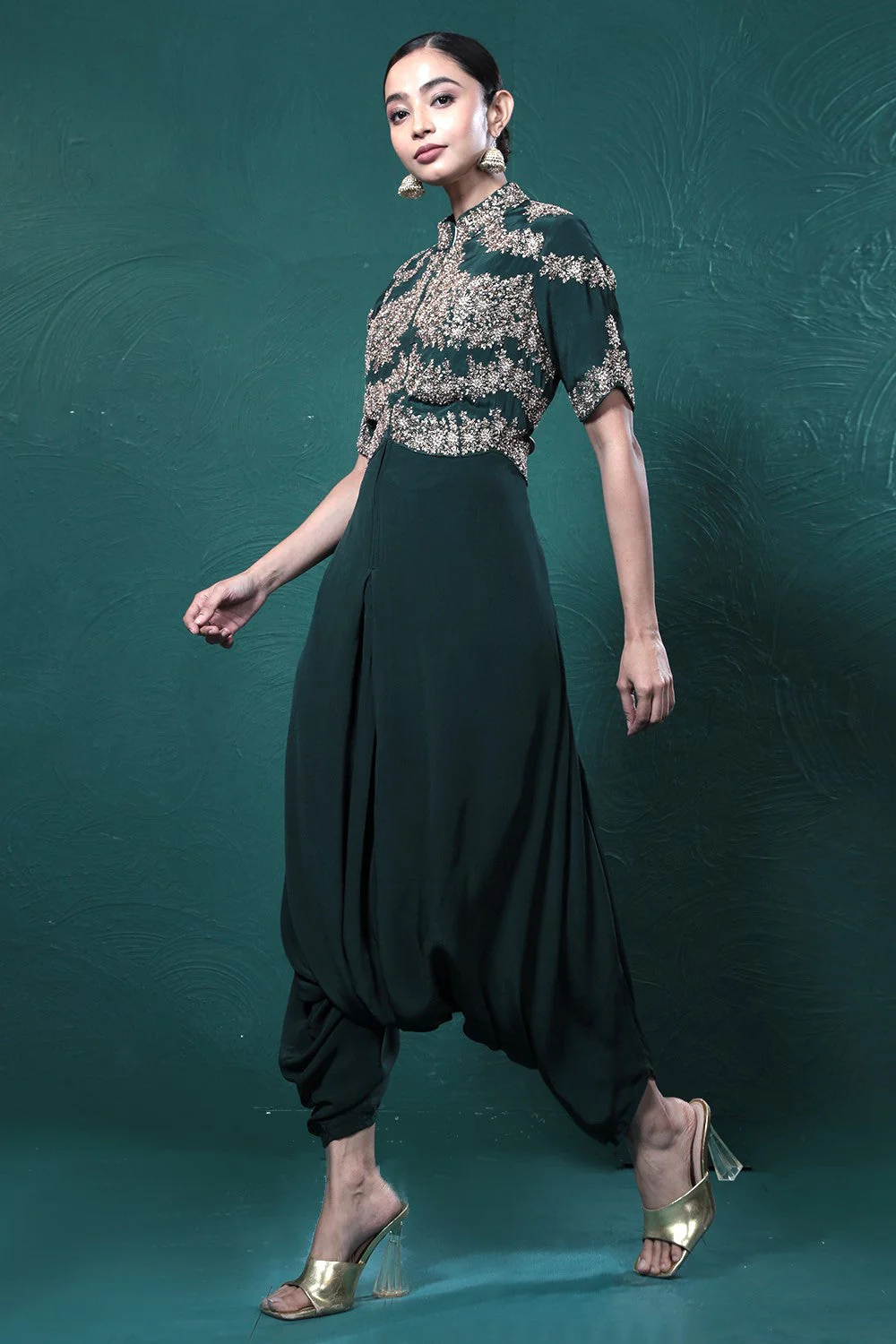Deep Green Embroidered Crepe Silk Jumpsuit - Image 3