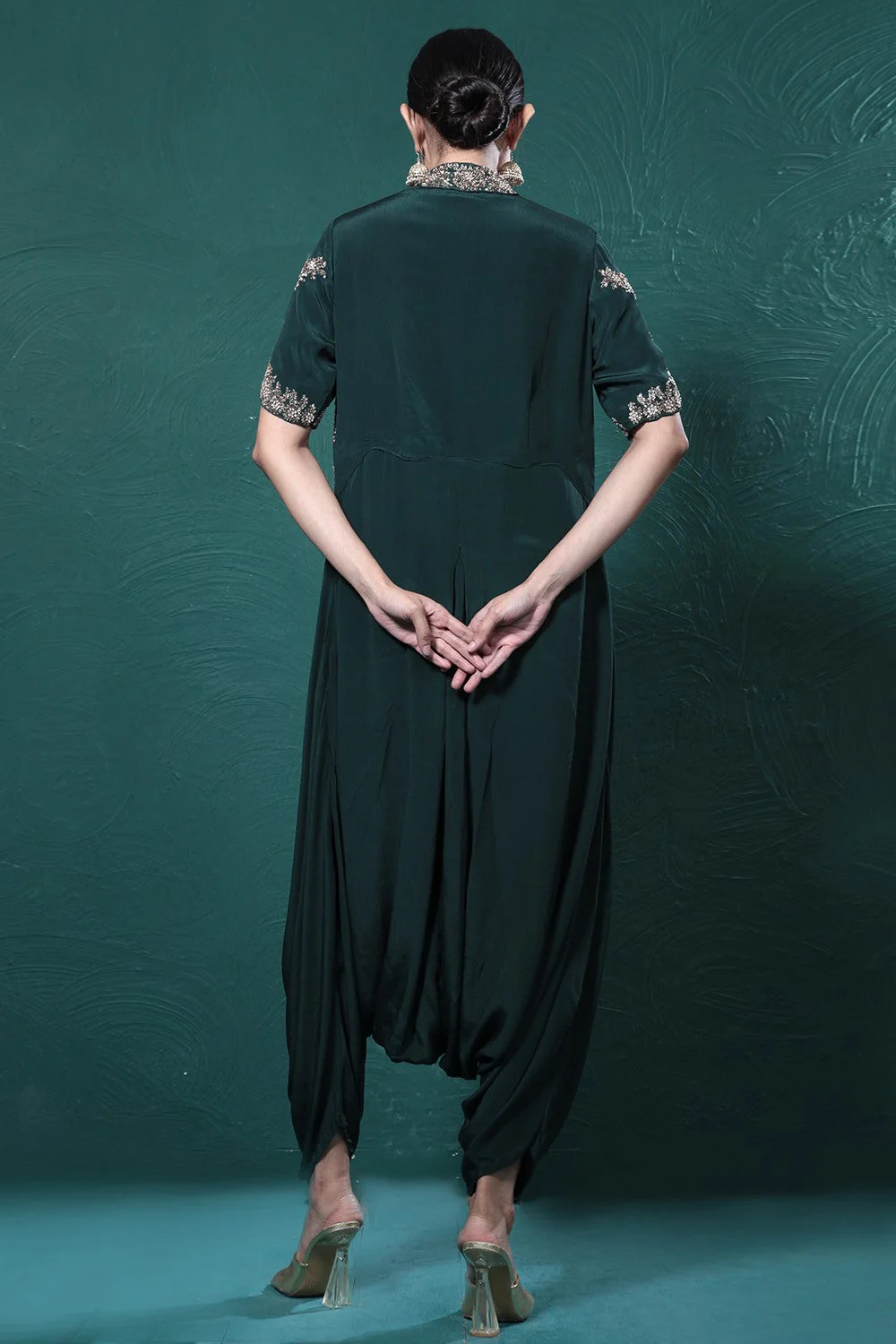 Deep Green Embroidered Crepe Silk Jumpsuit - Image 4